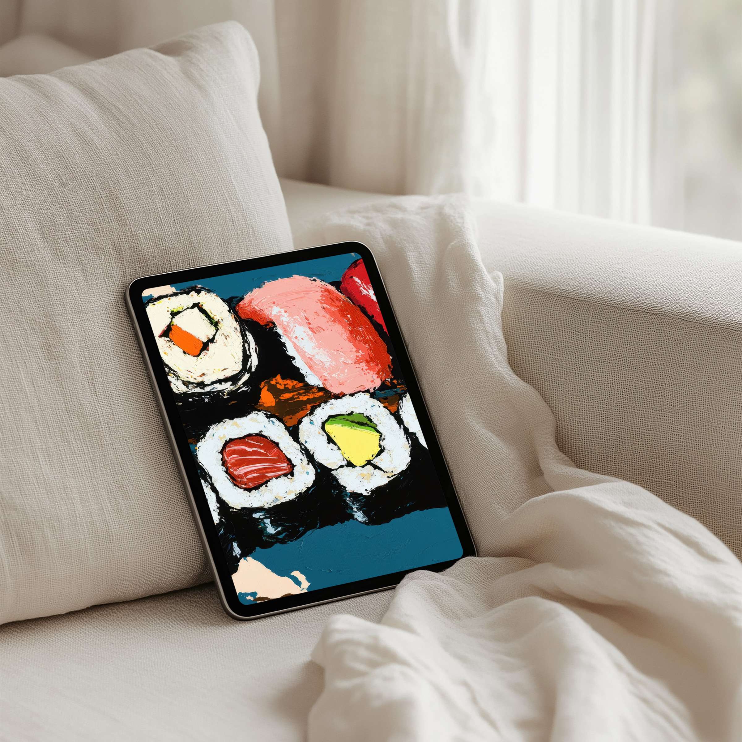 Elegant abstract sushi art iPad background on cozy sofa offers calm inspiration instant download fit for any tablet user