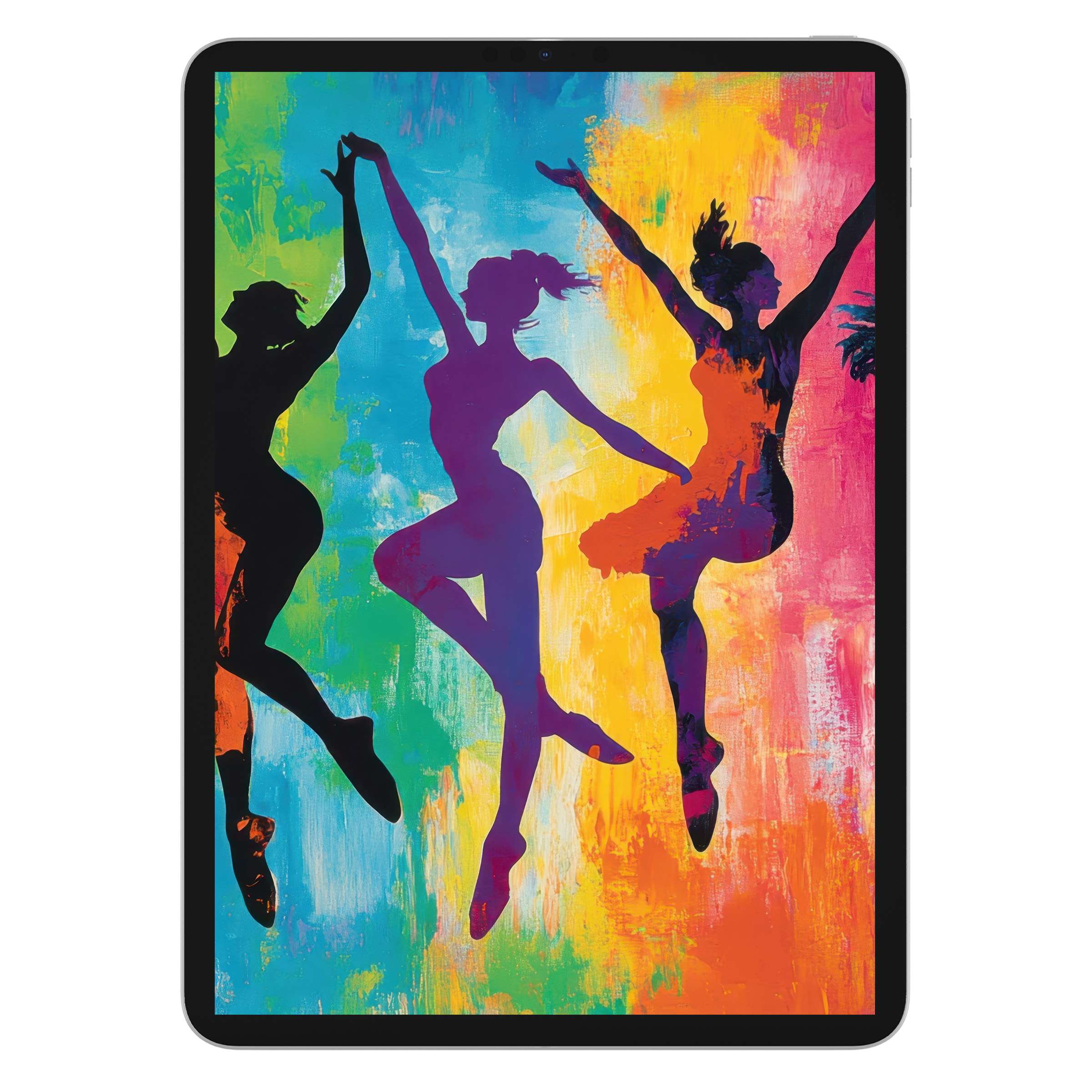 Vibrant pop art iPad wallpaper with silhouetted dancers on a colorful brushstroke background for tablets digital download art
