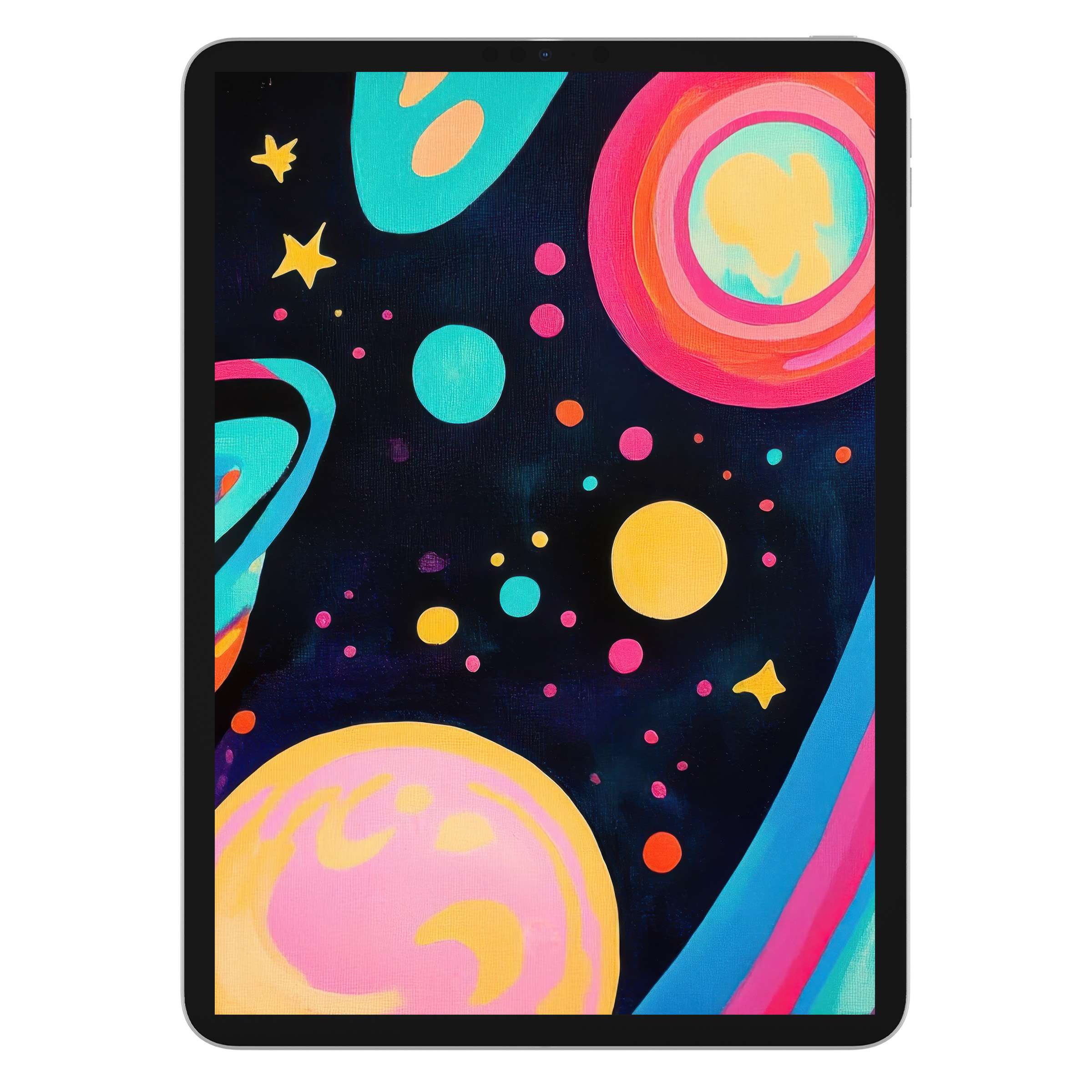 Vibrant pop art iPad wallpaper featuring colorful cosmic shapes, ideal digital download for a calming, stylish tablet background