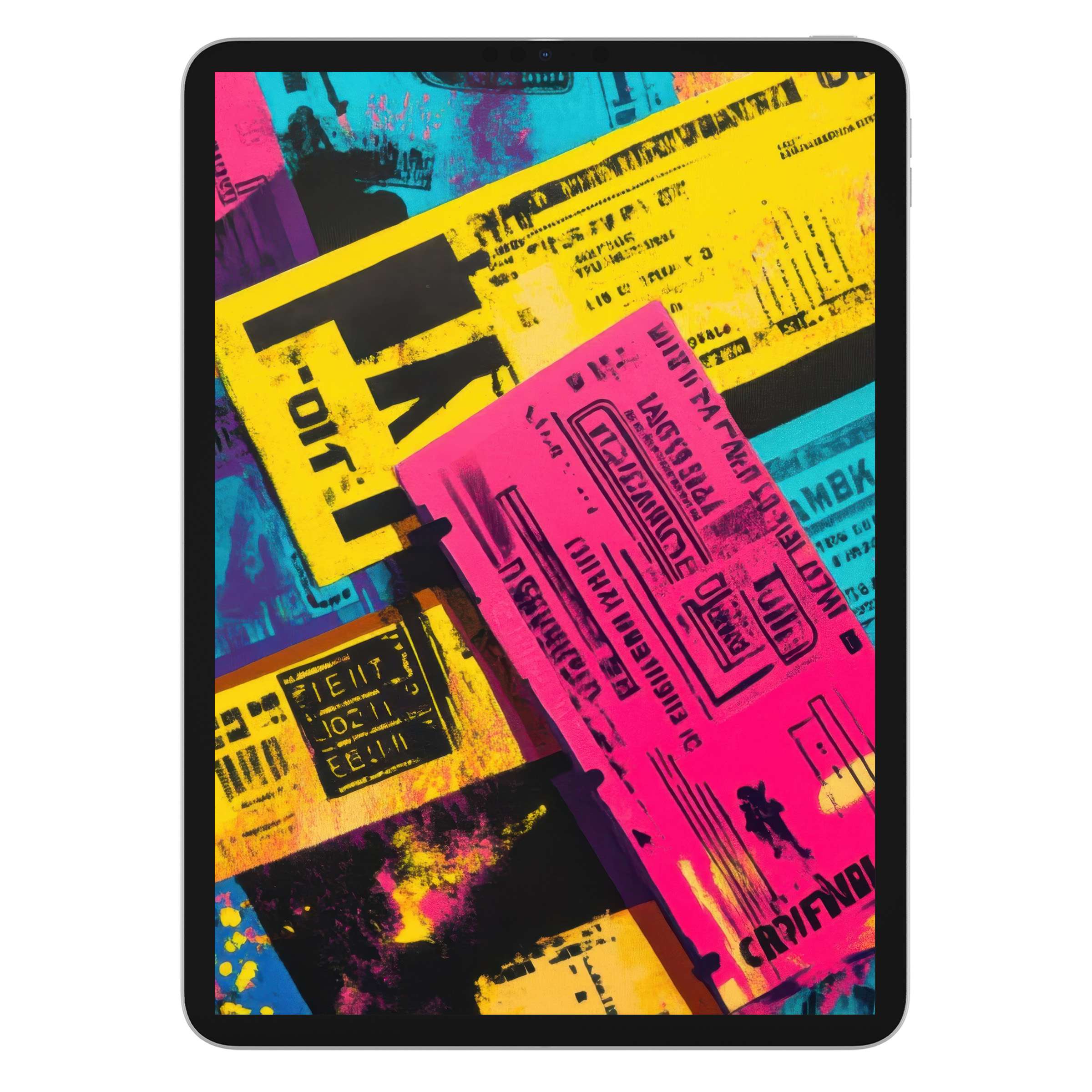 Vibrant pop art iPad wallpaper featuring bold pink, yellow, and blue layers offers an inspiring digital download background for any tablet