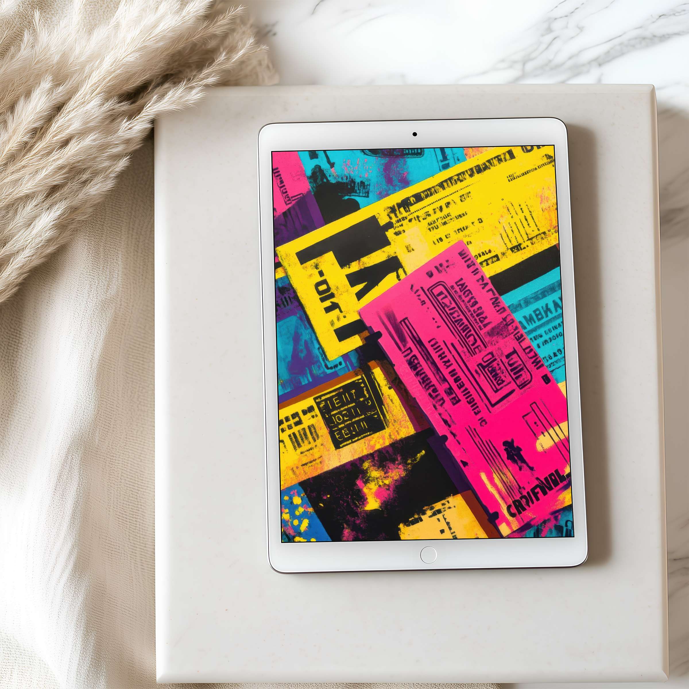 Vibrant abstract tablet wallpaper in bold neon hues enhances any iPad or Android interior for a high-resolution digital download