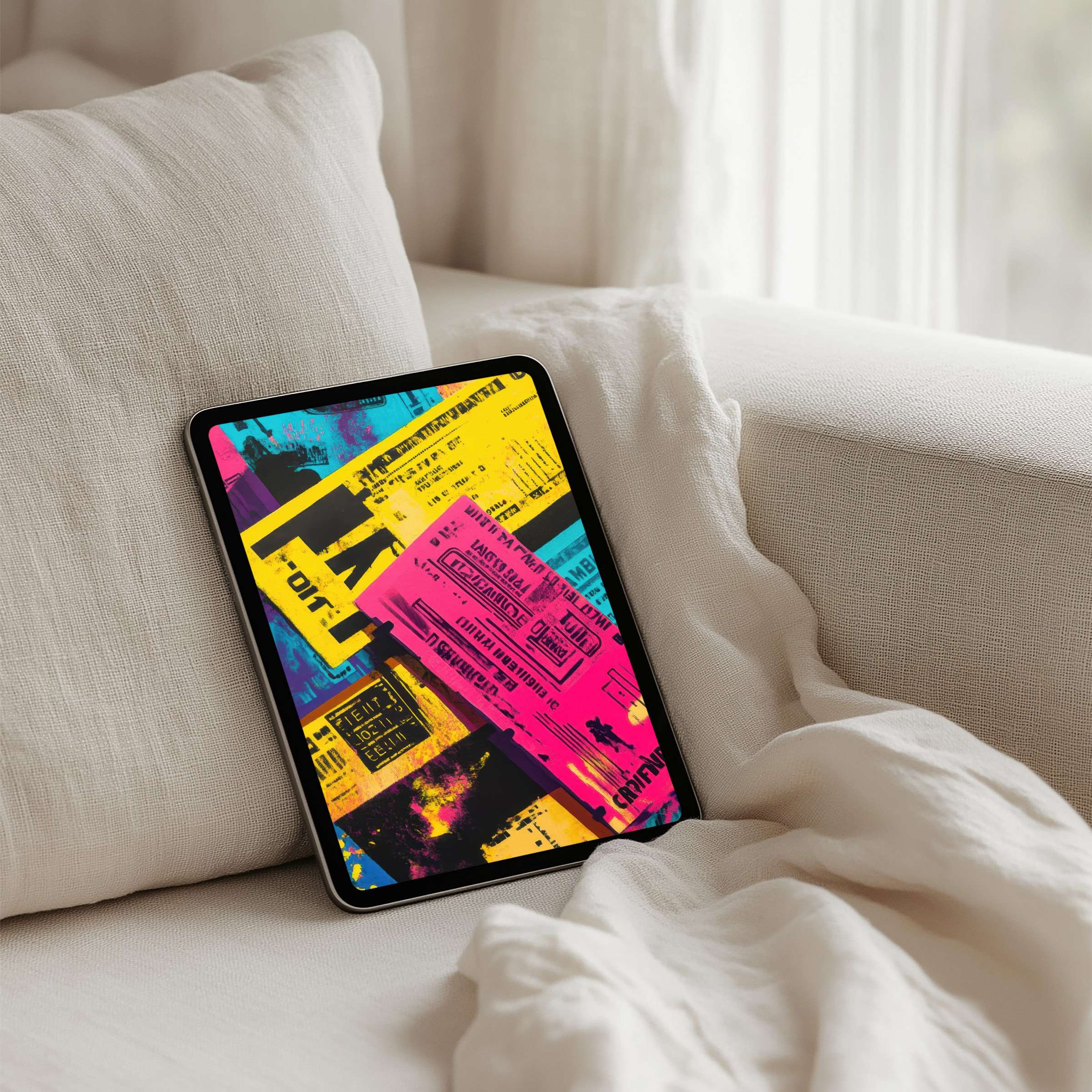 Vibrant abstract iPad background on a cozy tablet setting offers an instant download for artistic inspiration and mindful elegance