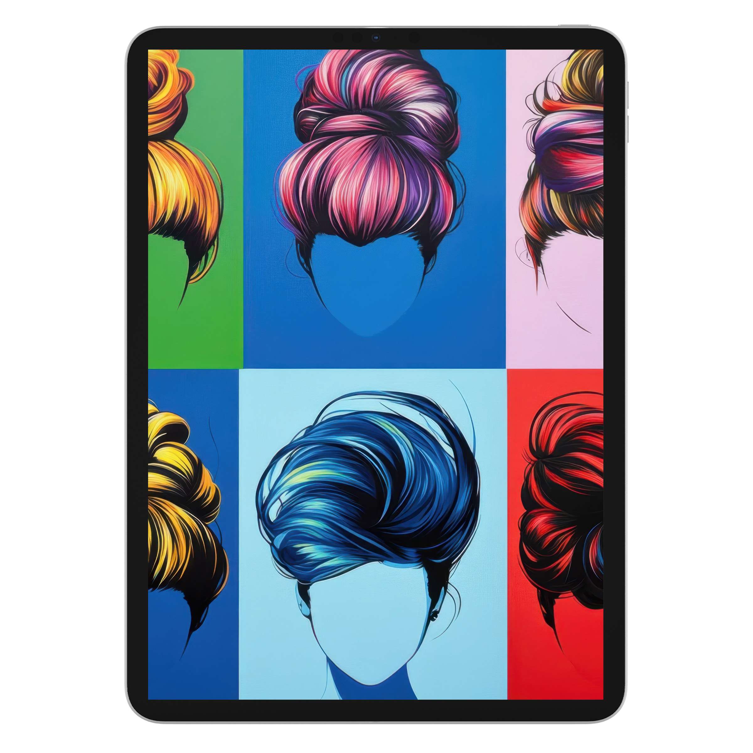 Vibrant pop art iPad wallpaper featuring colorful abstract hairstyles, perfect digital download for tablet backgrounds, eco-friendly style
