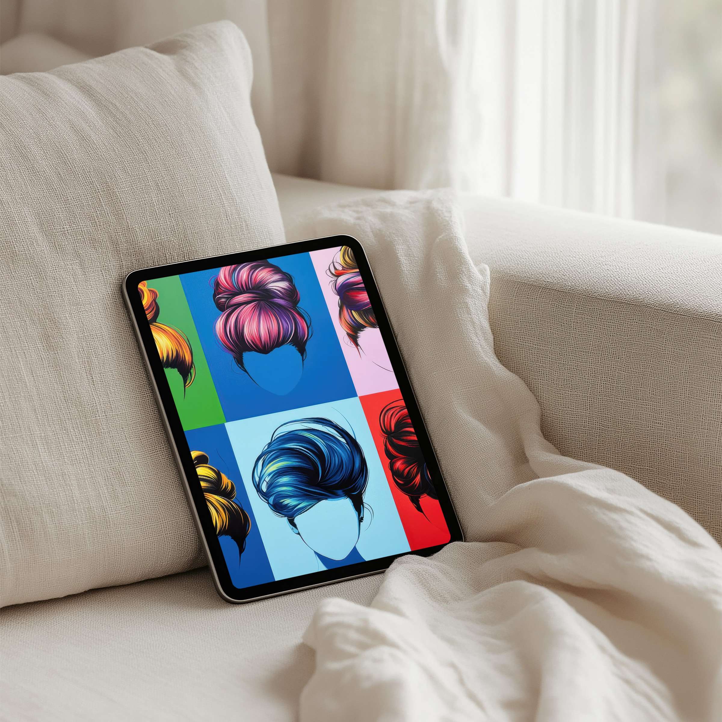 Vibrant pop art hairstyle iPad background offers instant download for any tablet inspiring calm elegance and creative mindfulness