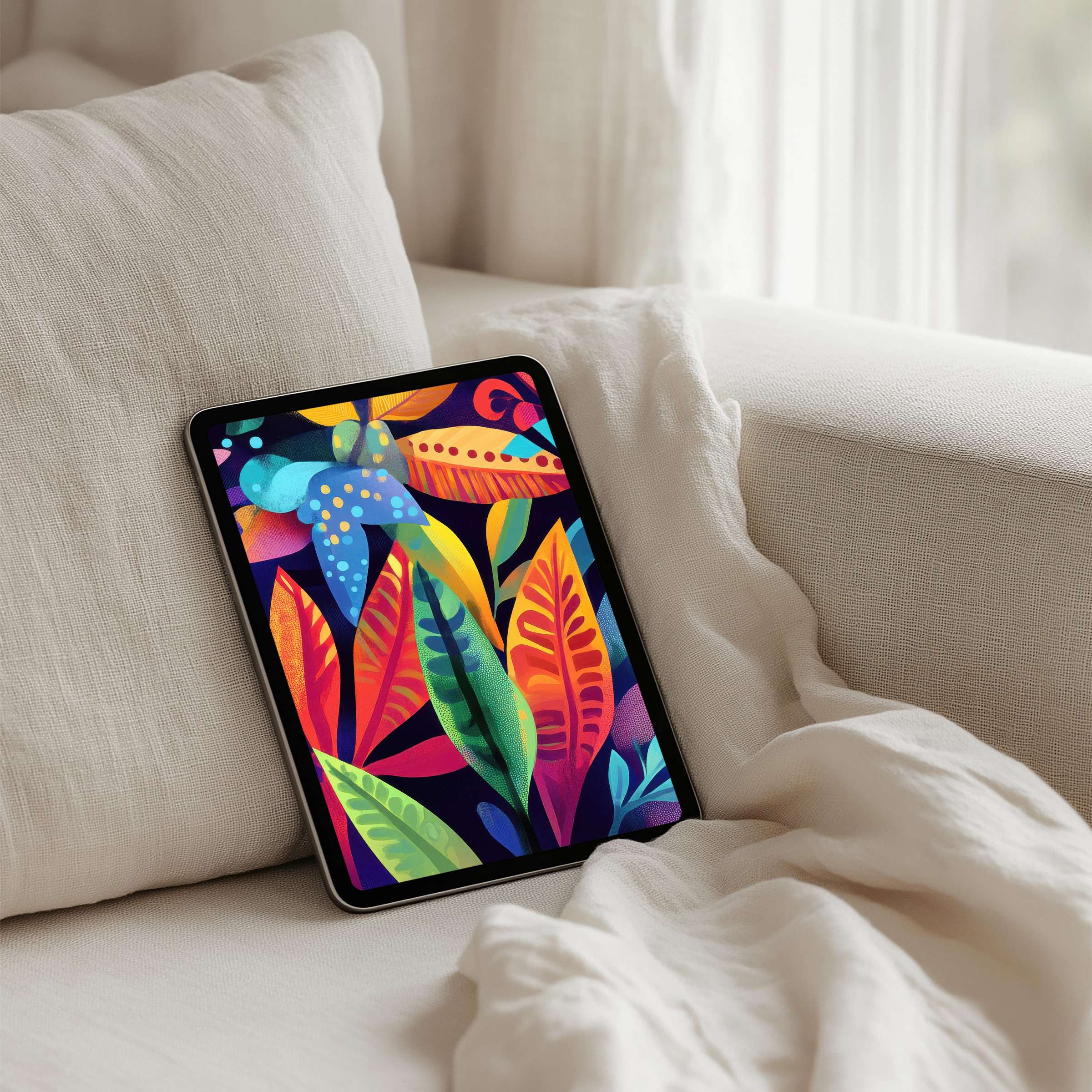 Vibrant leafy iPad background exuding calm and elegance, perfect for instant download on tablets, inspiring mindfulness in any space