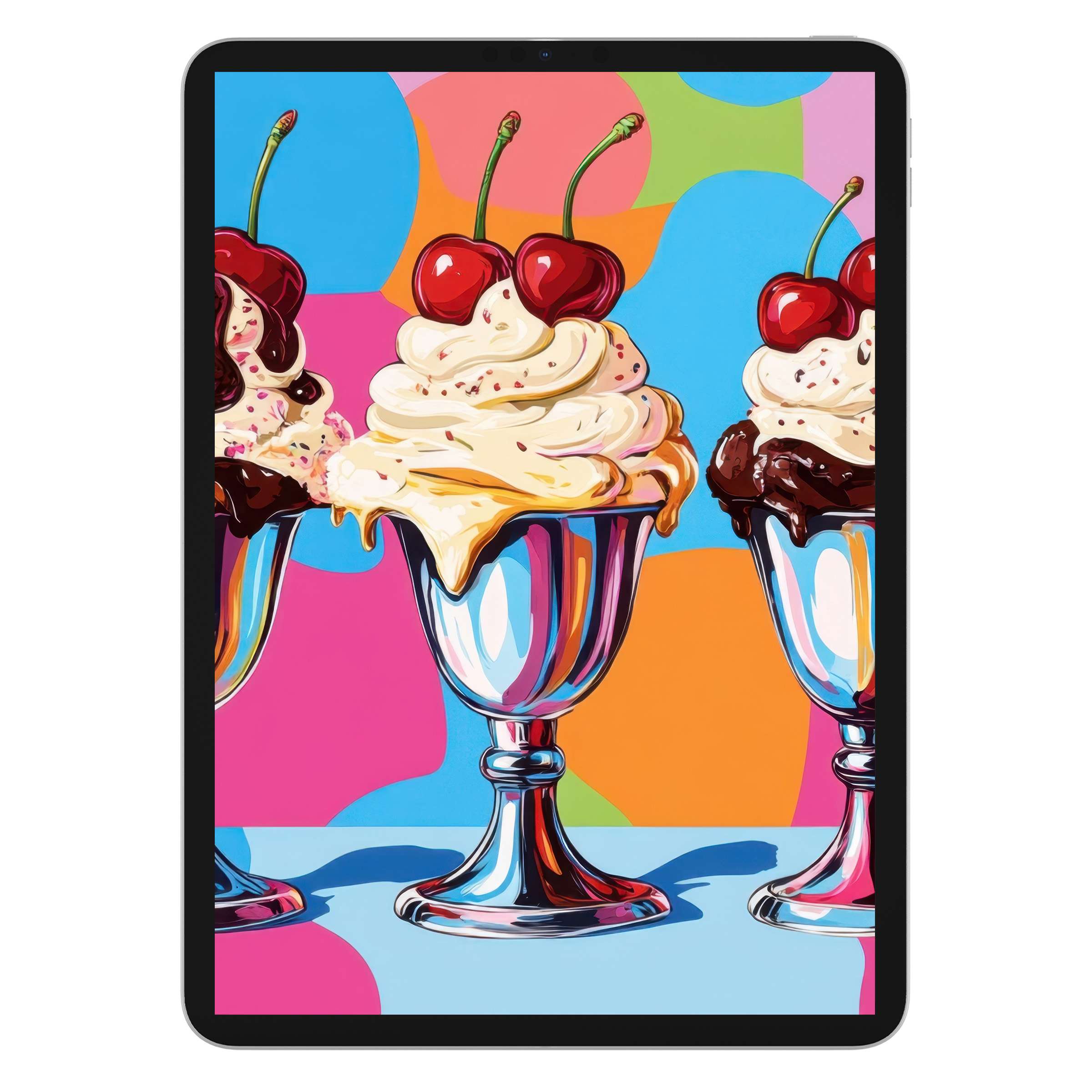 Vibrant pop art iPad wallpaper featuring ice cream sundaes with cherries offers a playful digital download, ideal for tablet backgrounds