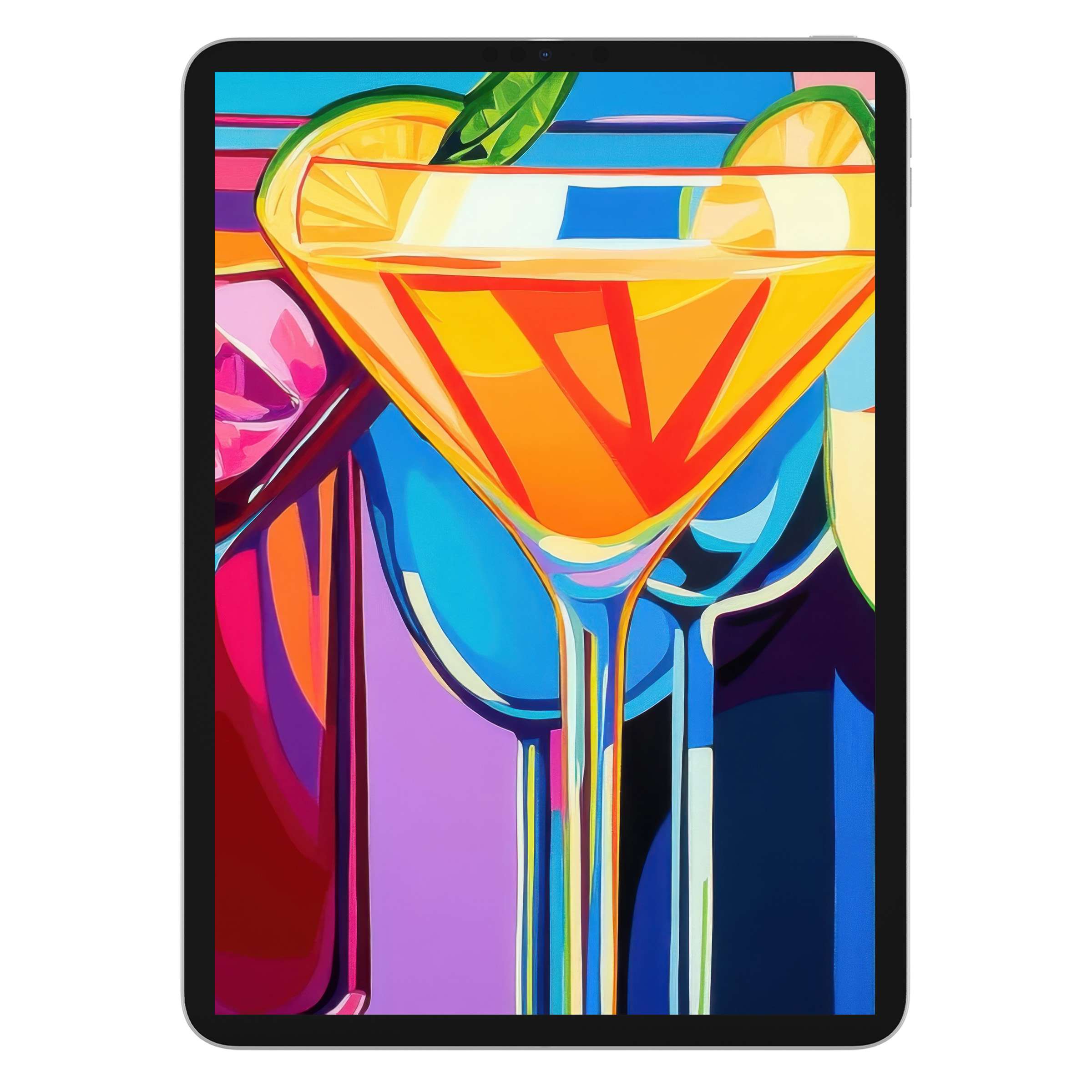 Vibrant pop art iPad wallpaper featuring colorful cocktail design, perfect digital download for an elegant tablet background refresh