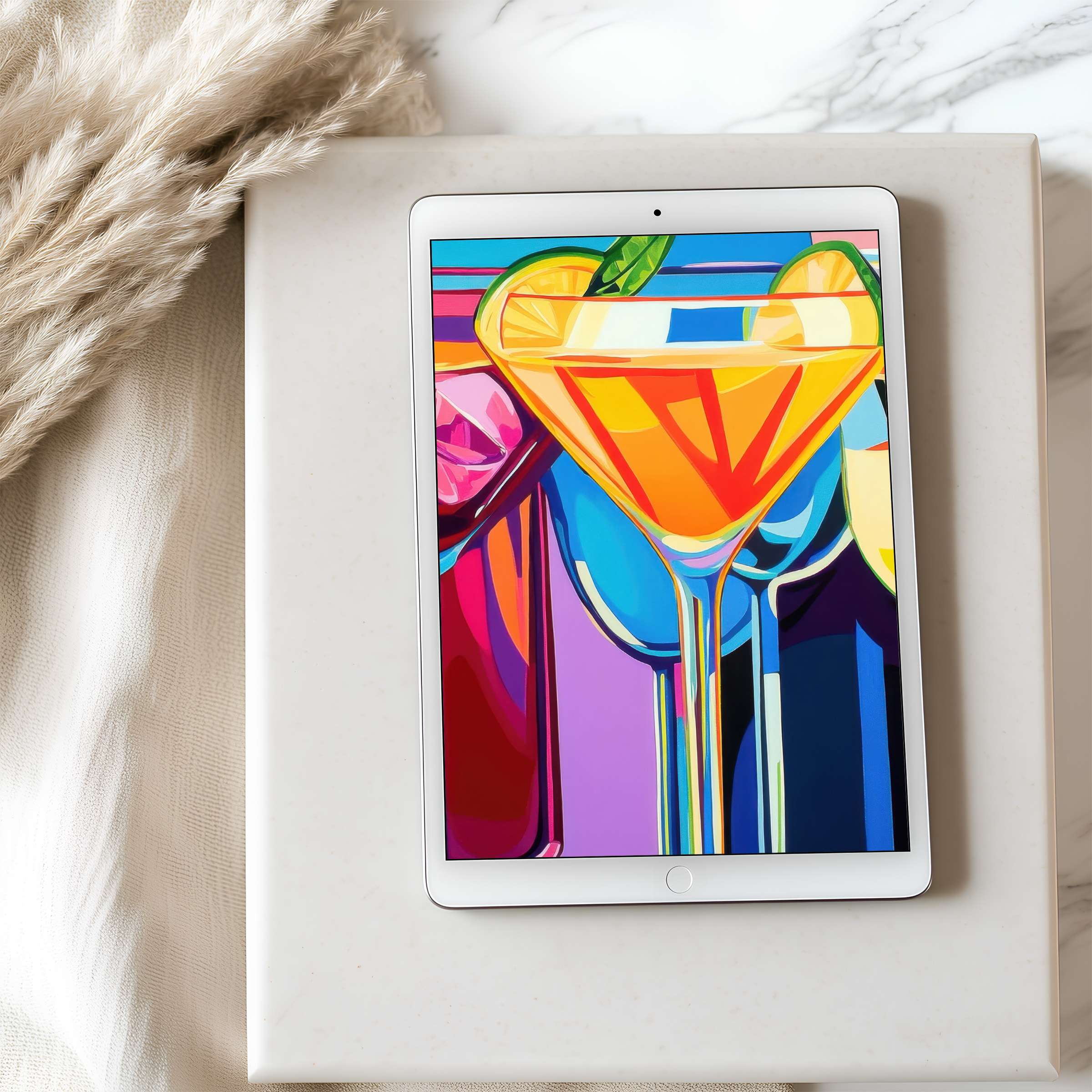 Vivid cocktail art on tablet wallpaper offers a serene high-resolution design for digital download, ideal for iPad and Android tablets