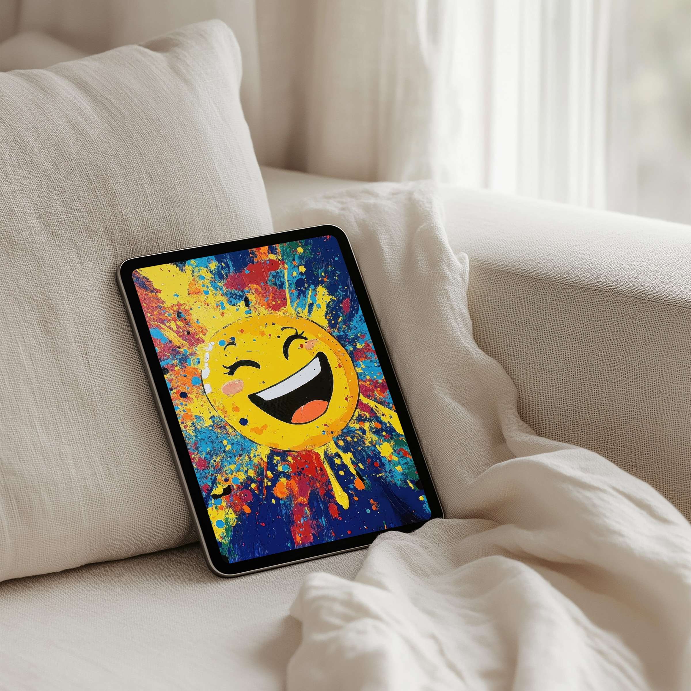 Vivid abstract art iPad background with yellow smiling sun offers elegance for your tablet via instant download; inspire calm daily
