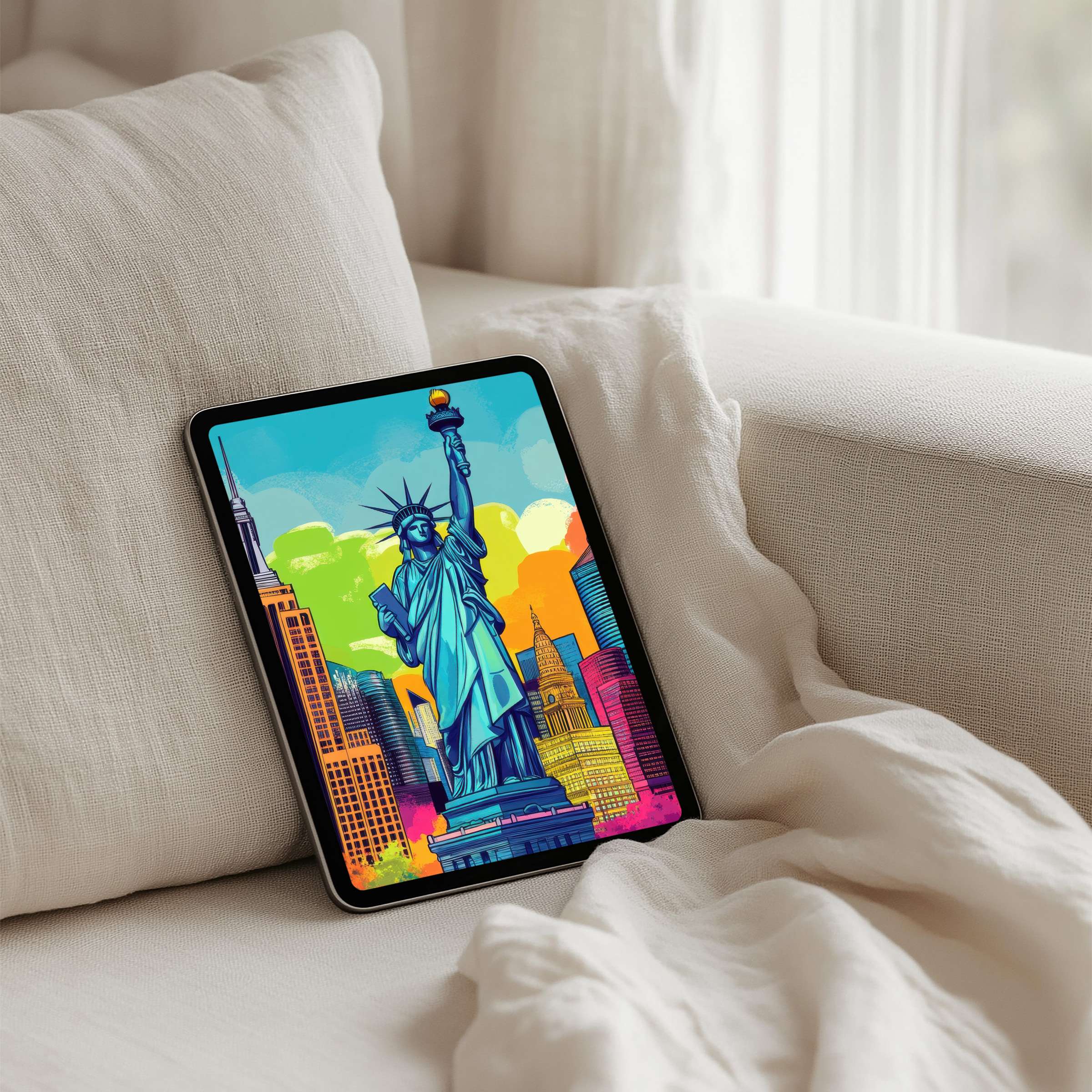 Bright digital art of the Statue of Liberty for iPad background offers elegance and inspiration as an instant download for any tablet