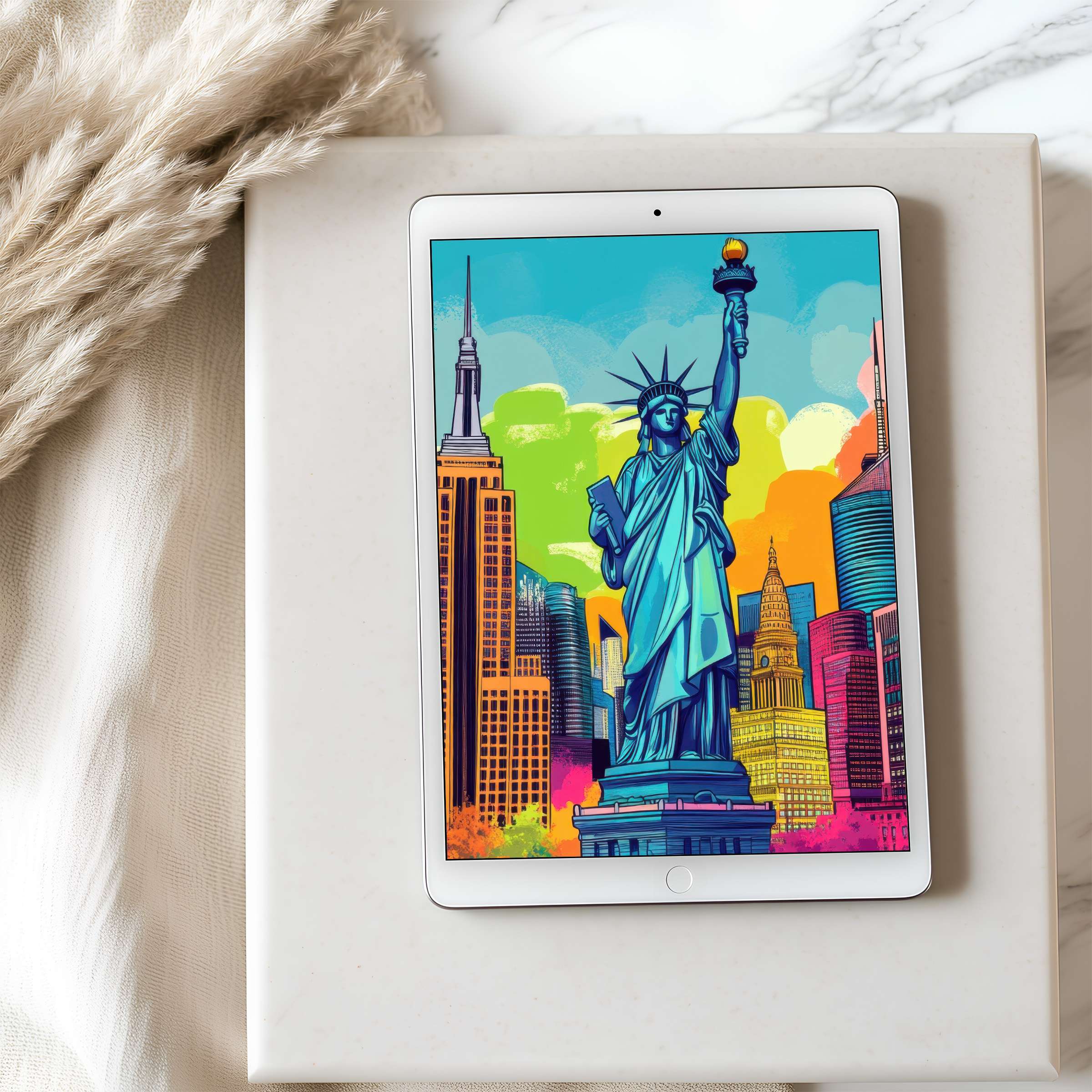 Vibrant Statue of Liberty in pop art style on high resolution tablet wallpaper fits iPad; a perfect digital download for tranquil interiors