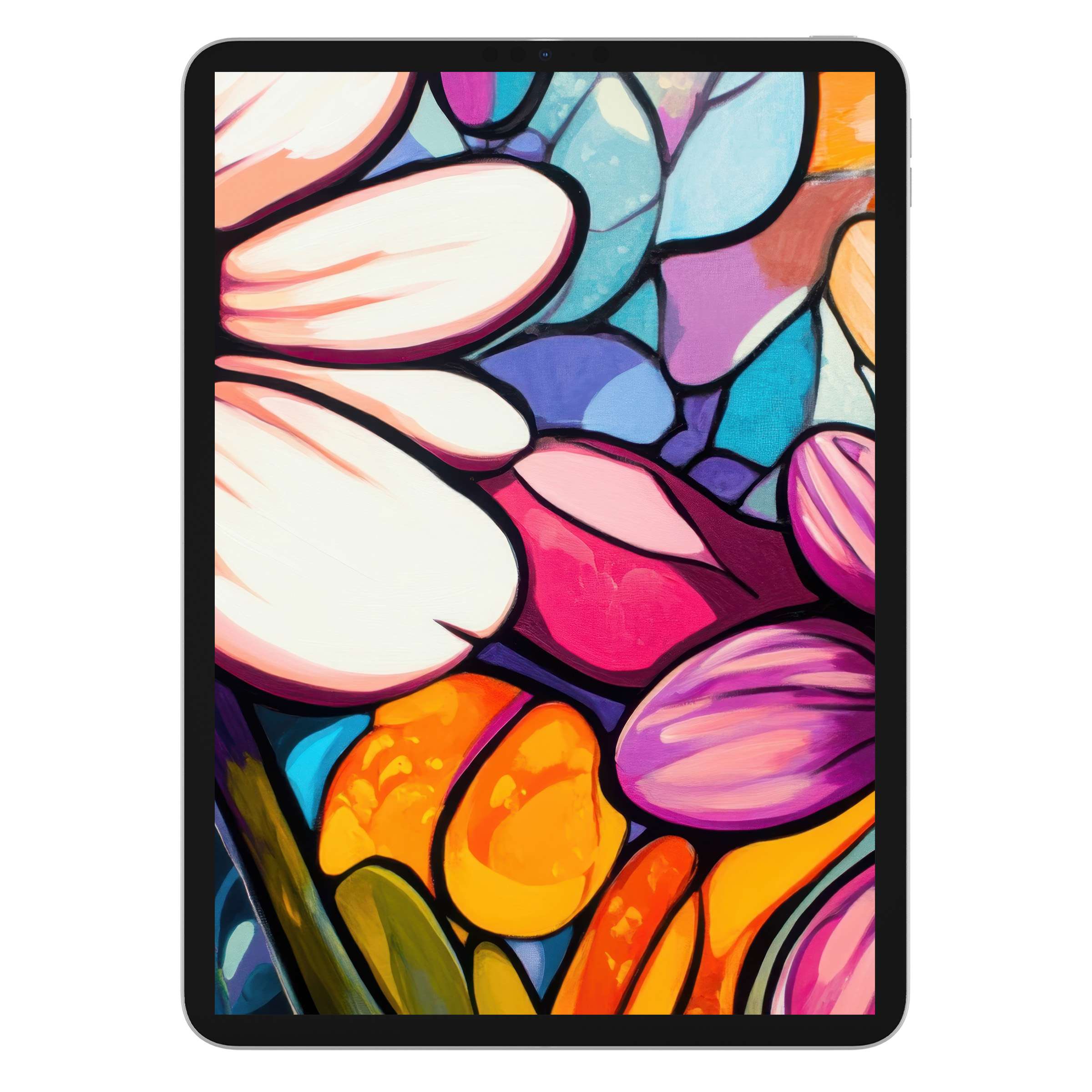 Vibrant pop art iPad wallpaper with floral hues, perfect digital download for a stylish tablet background enhancing calm aesthetics