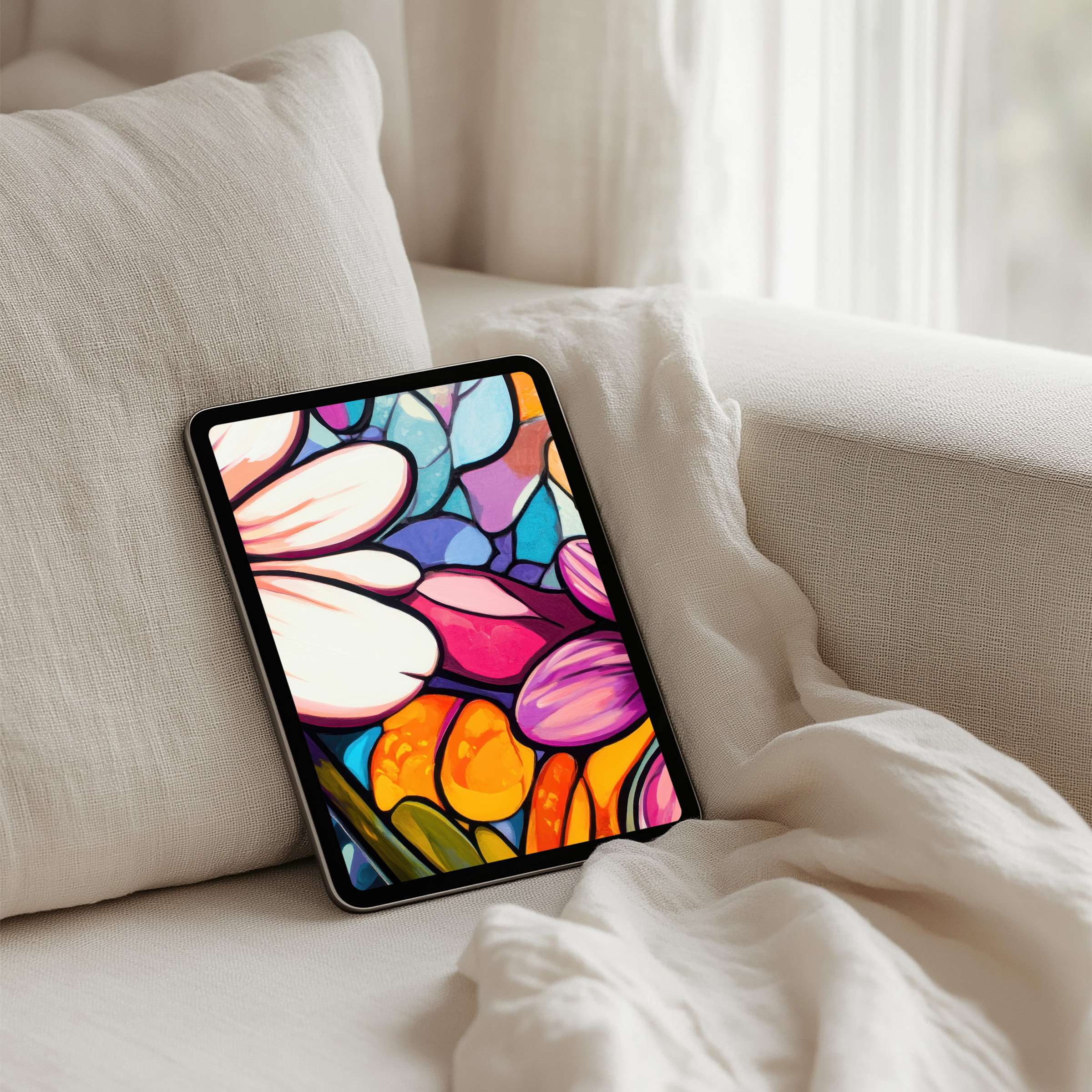 Elegant stained-glass floral iPad background offers calm inspiration for any tablet user seeking an instant download for mindful aesthetics