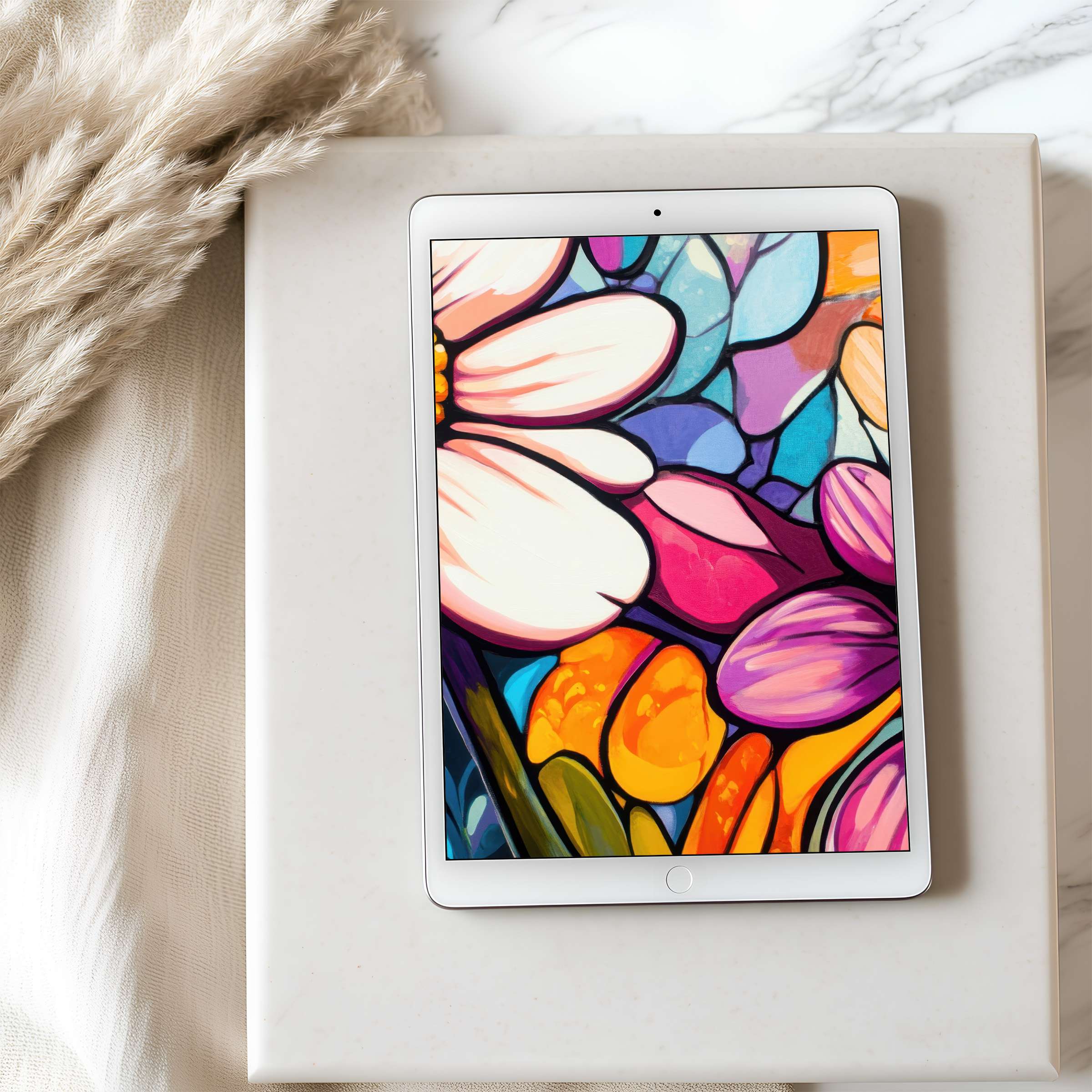 Vibrant floral mosaic tablet wallpaper for iPad adds elegance to any space with high resolution, perfect for digital download