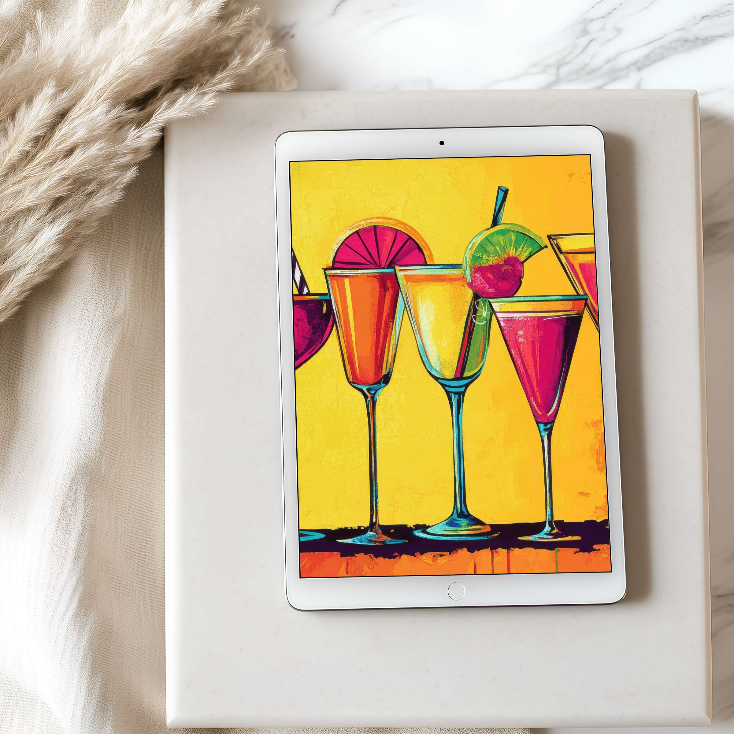 Vibrant cocktail art tablet wallpaper in high resolution, perfect for enhancing iPad elegance with a cozy, sustainable touch