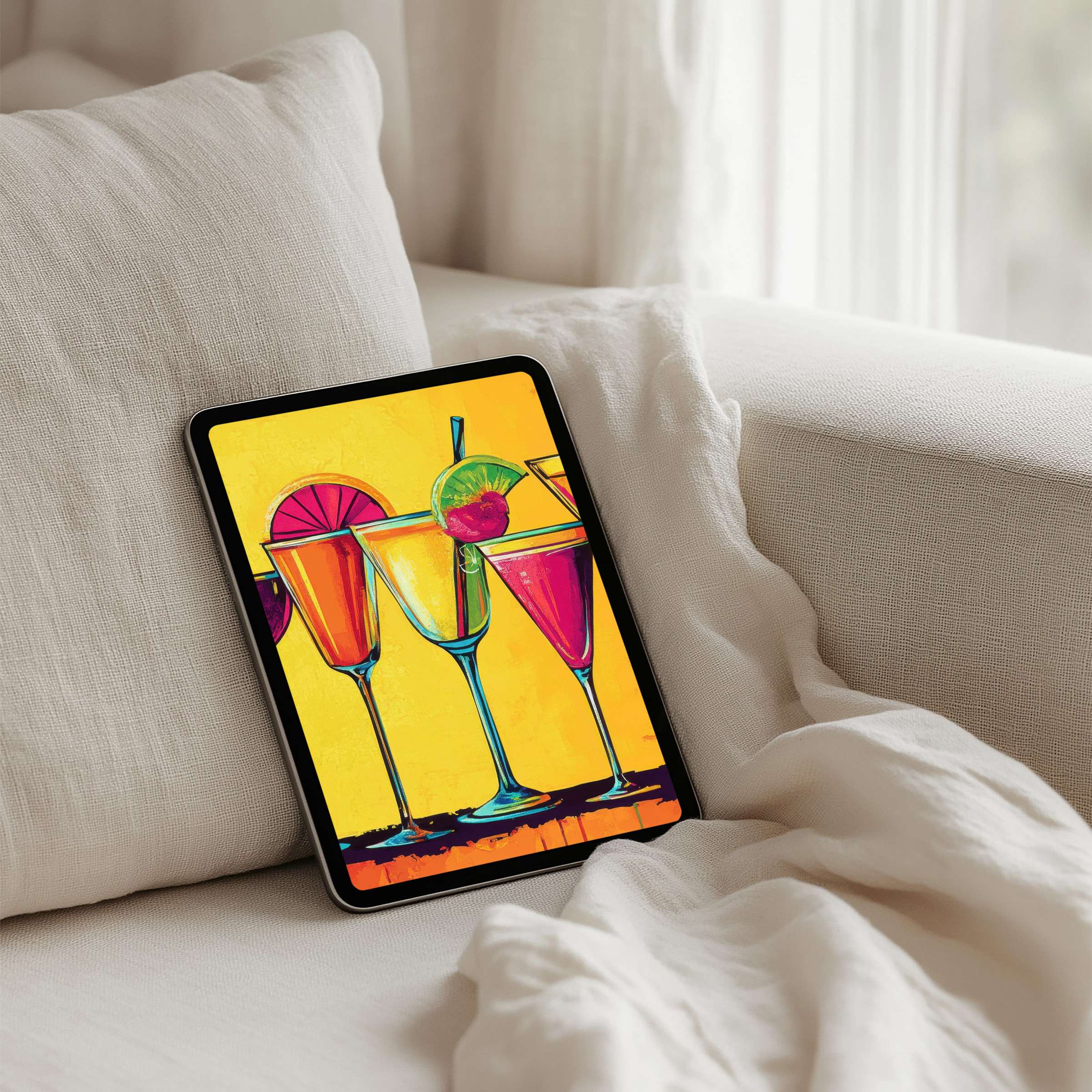 Vibrant cocktails on an iPad background offer calm elegance for your tablet instant download decor enhancing mindfulness and inspiration