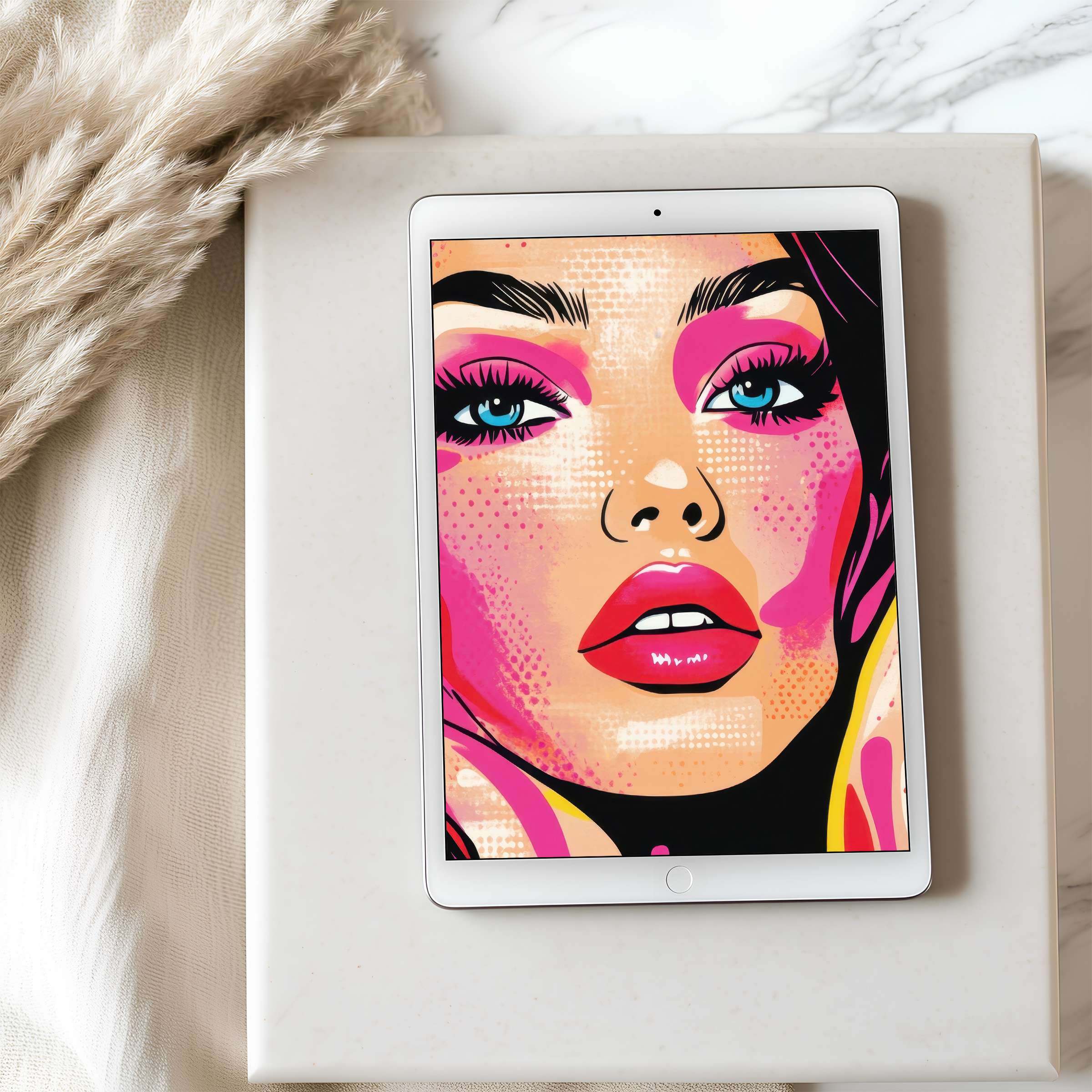 Elegant pop art tablet wallpaper in vibrant pinks and oranges offers a high resolution, calming aesthetic for digital download and Android devices