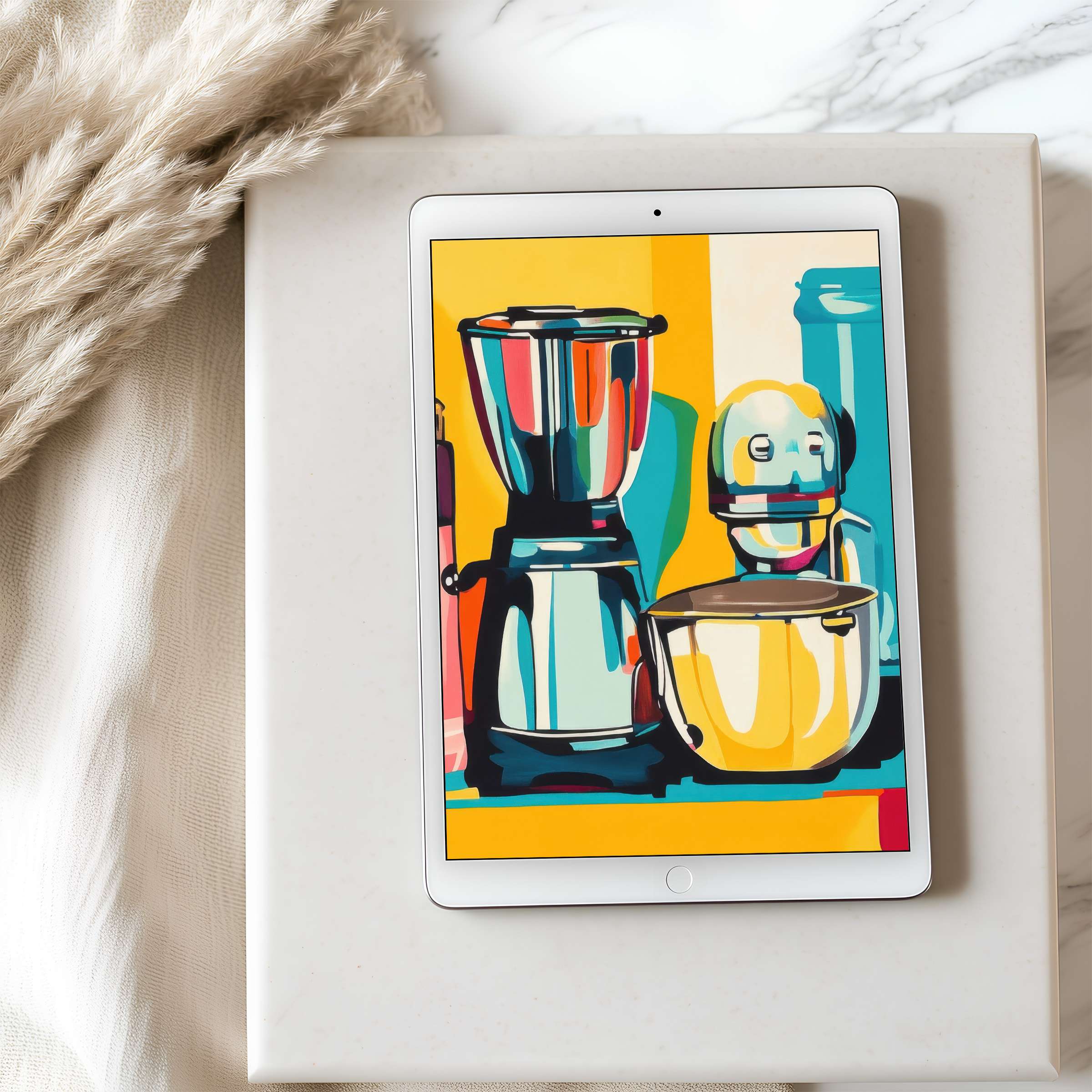Vibrant tablet wallpaper featuring colorful kitchen appliances in abstract style on iPad, ideal for elegant interiors and digital download