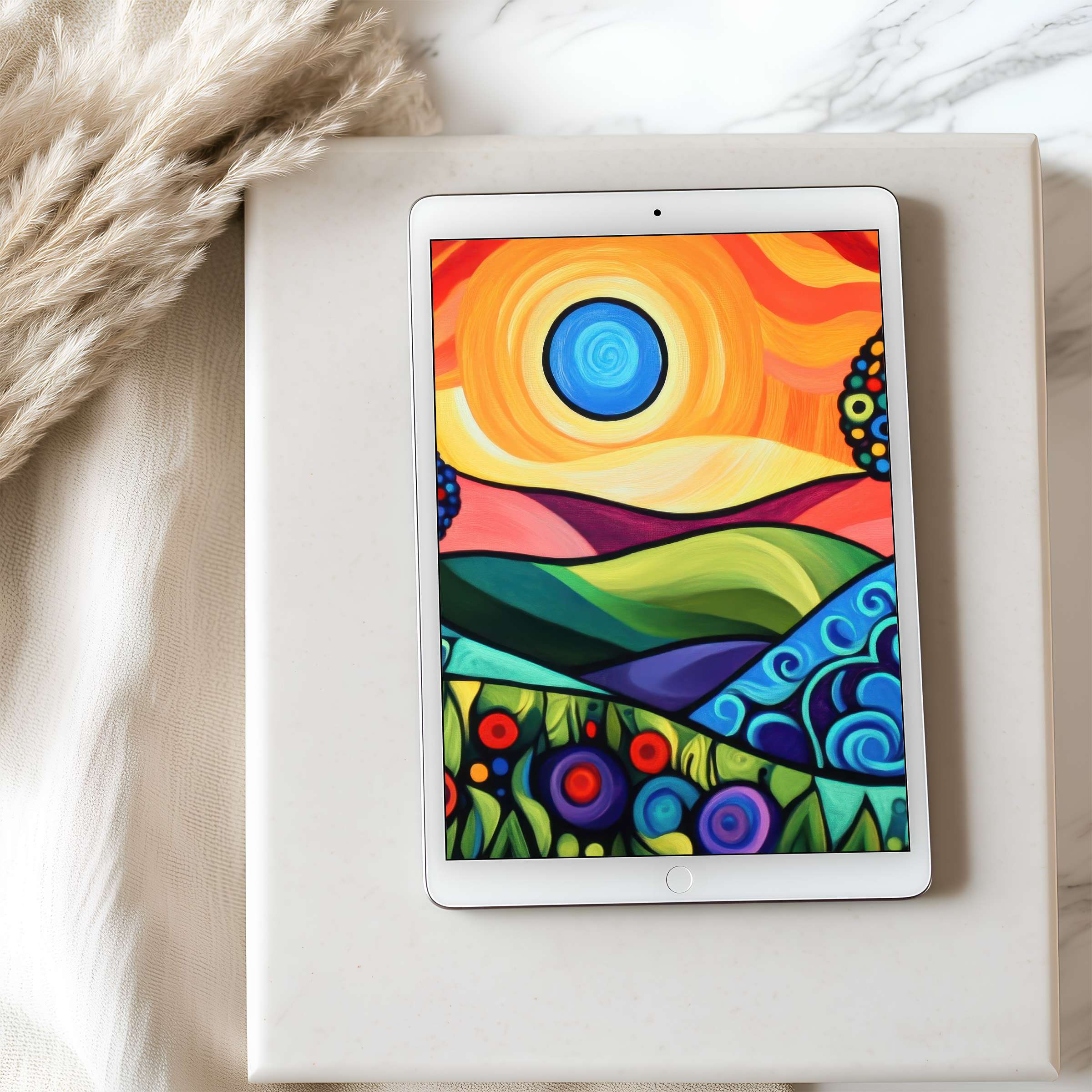 Elegant tablet wallpaper featuring vibrant abstract landscape art in calming hues enhances any iPad or Android screen high resolution