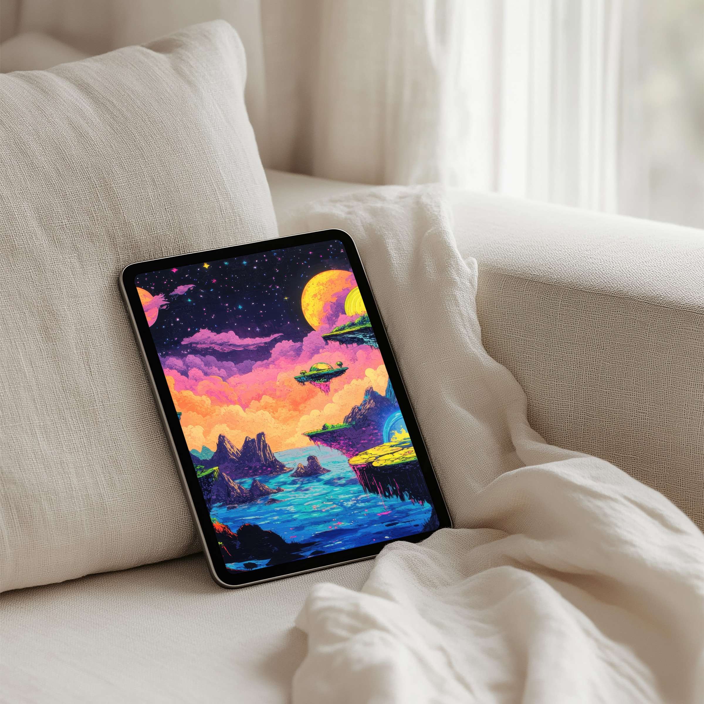 Vibrant iPad background depicting a calm cosmic landscape for instant download, perfect for any tablet to inspire mindfulness and elegance