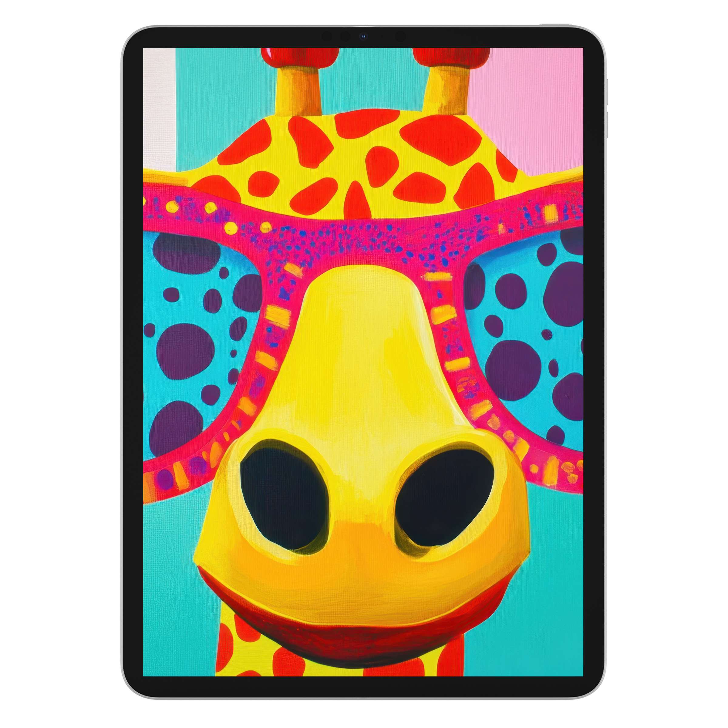 Vibrant pop art iPad wallpaper featuring a whimsical giraffe with colorful sunglasses, ideal digital download for tablet background use