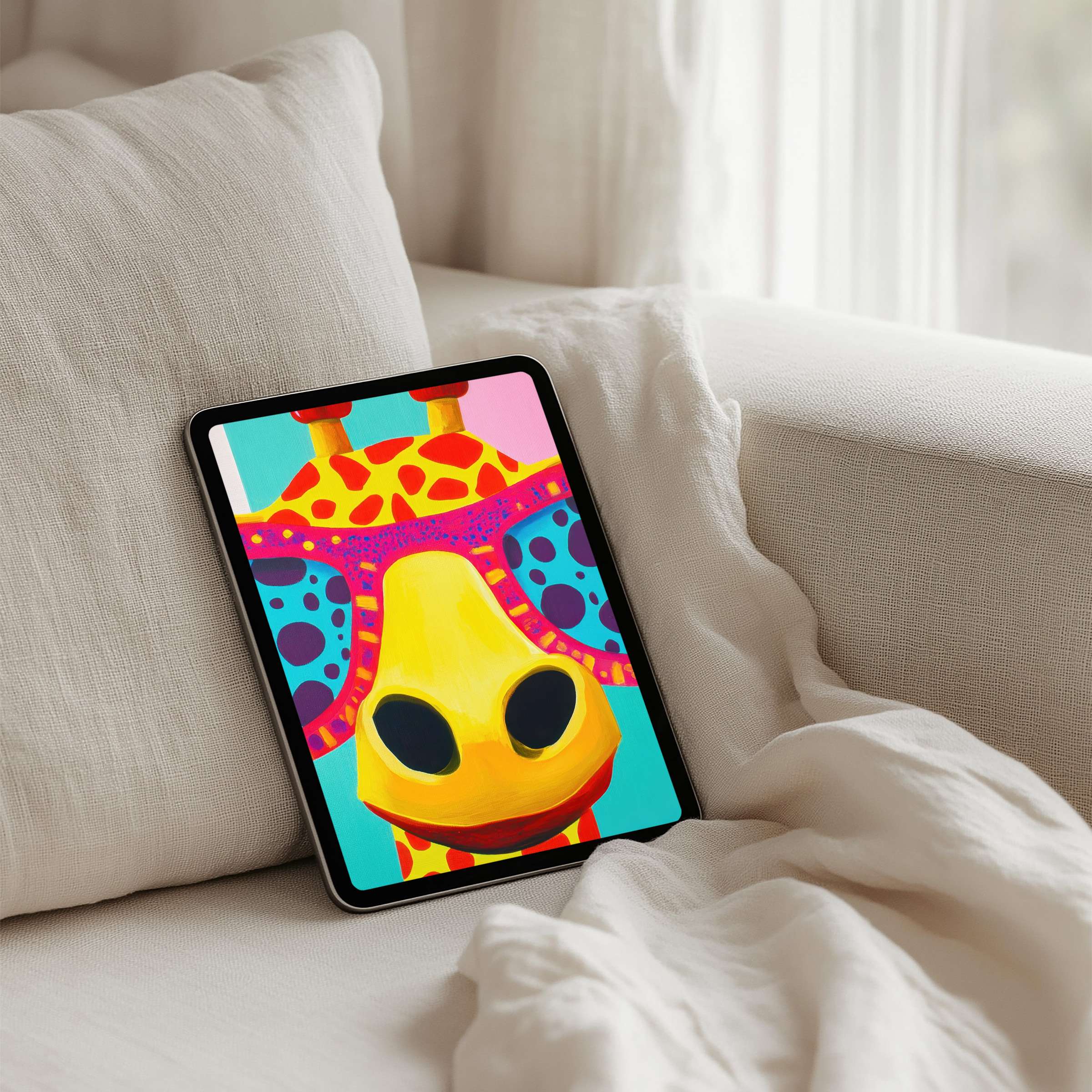 Bright giraffe art iPad background for instant download inspires mindfulness with vibrant colors on any tablet model for elegance