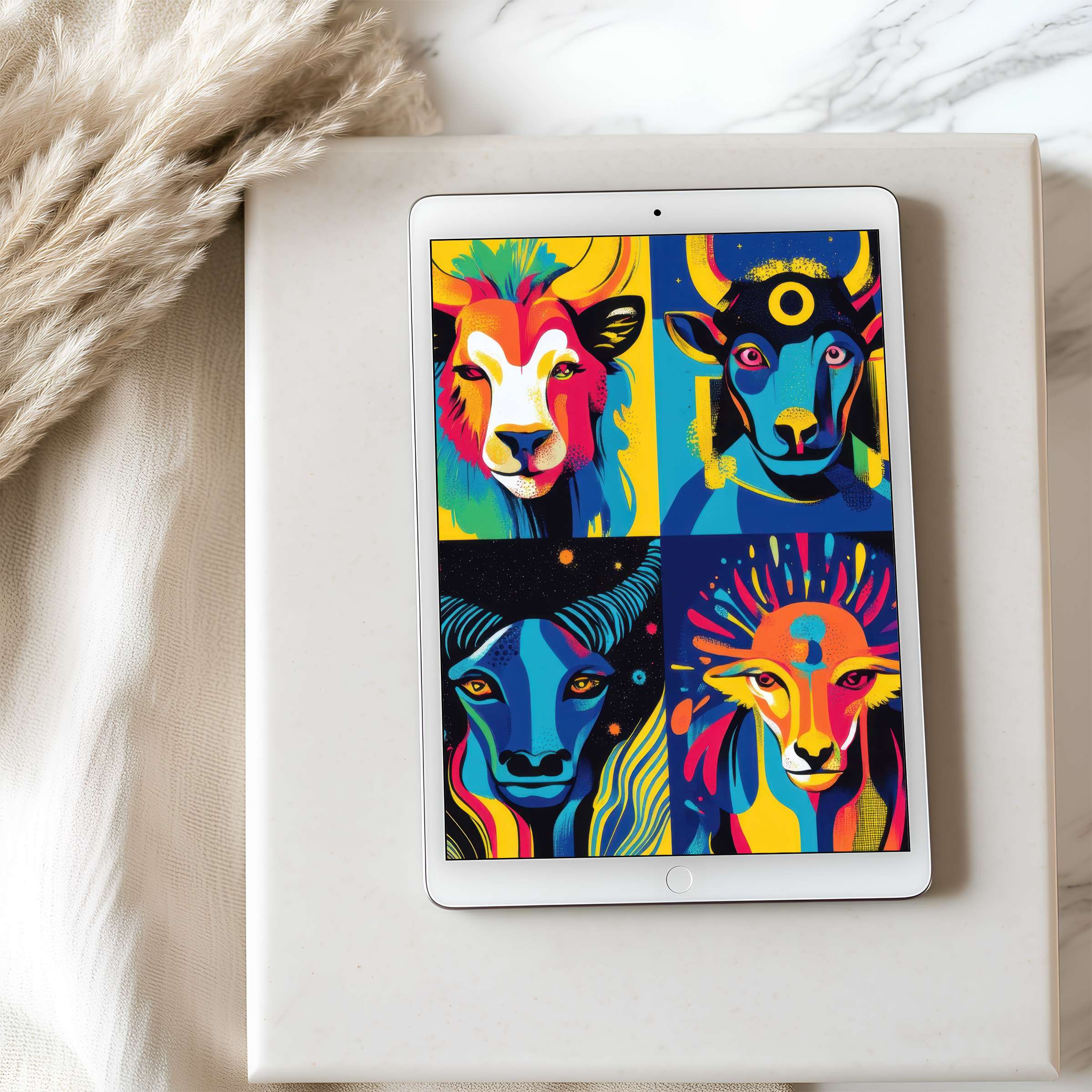 Vibrant wildlife digital art for tablet wallpaper, featuring stunning bold colors and geometric style, perfect for iPad high resolution screens