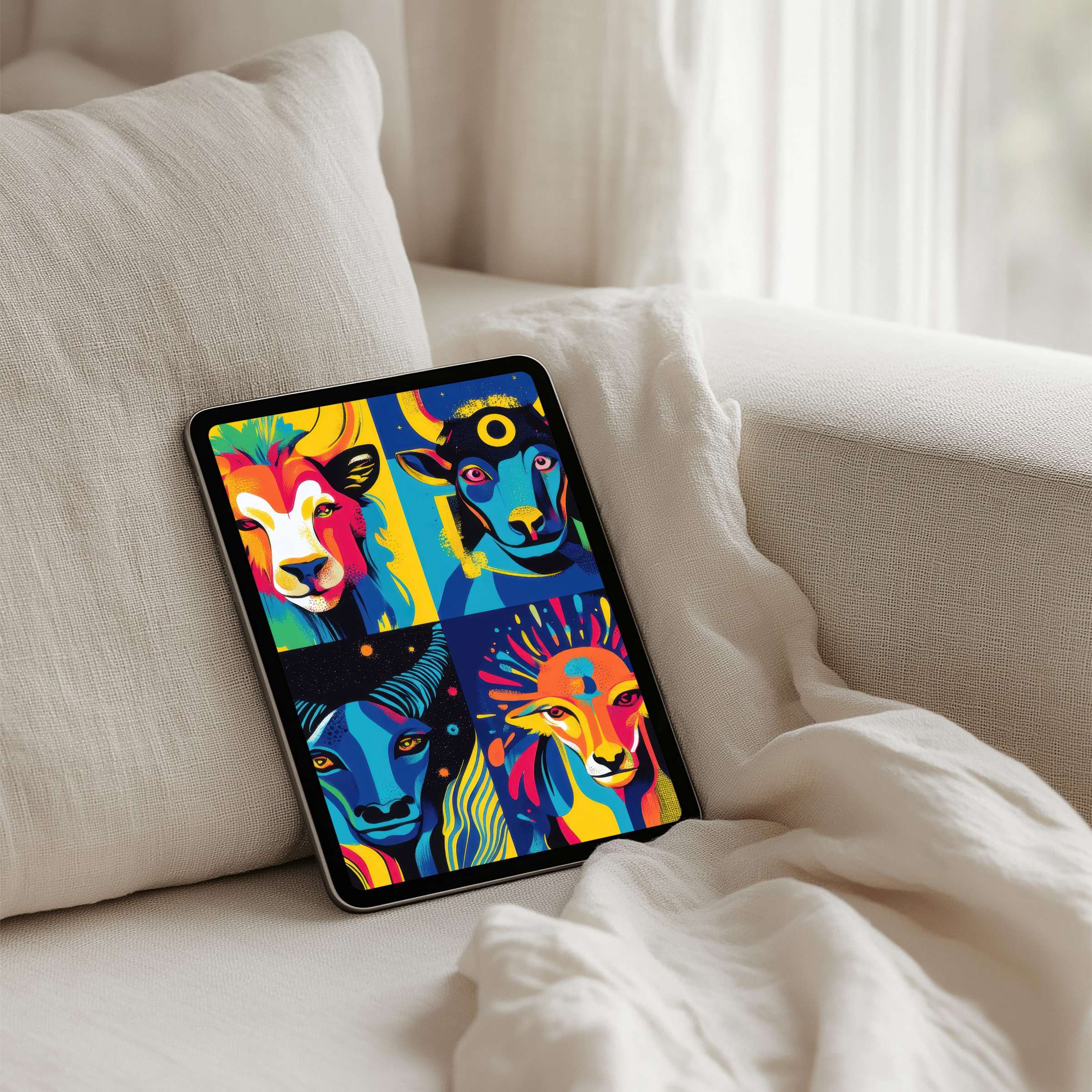 Vibrant animal art iPad background offers instant download for tablets, inspiring elegance and calm in any design-conscious space
