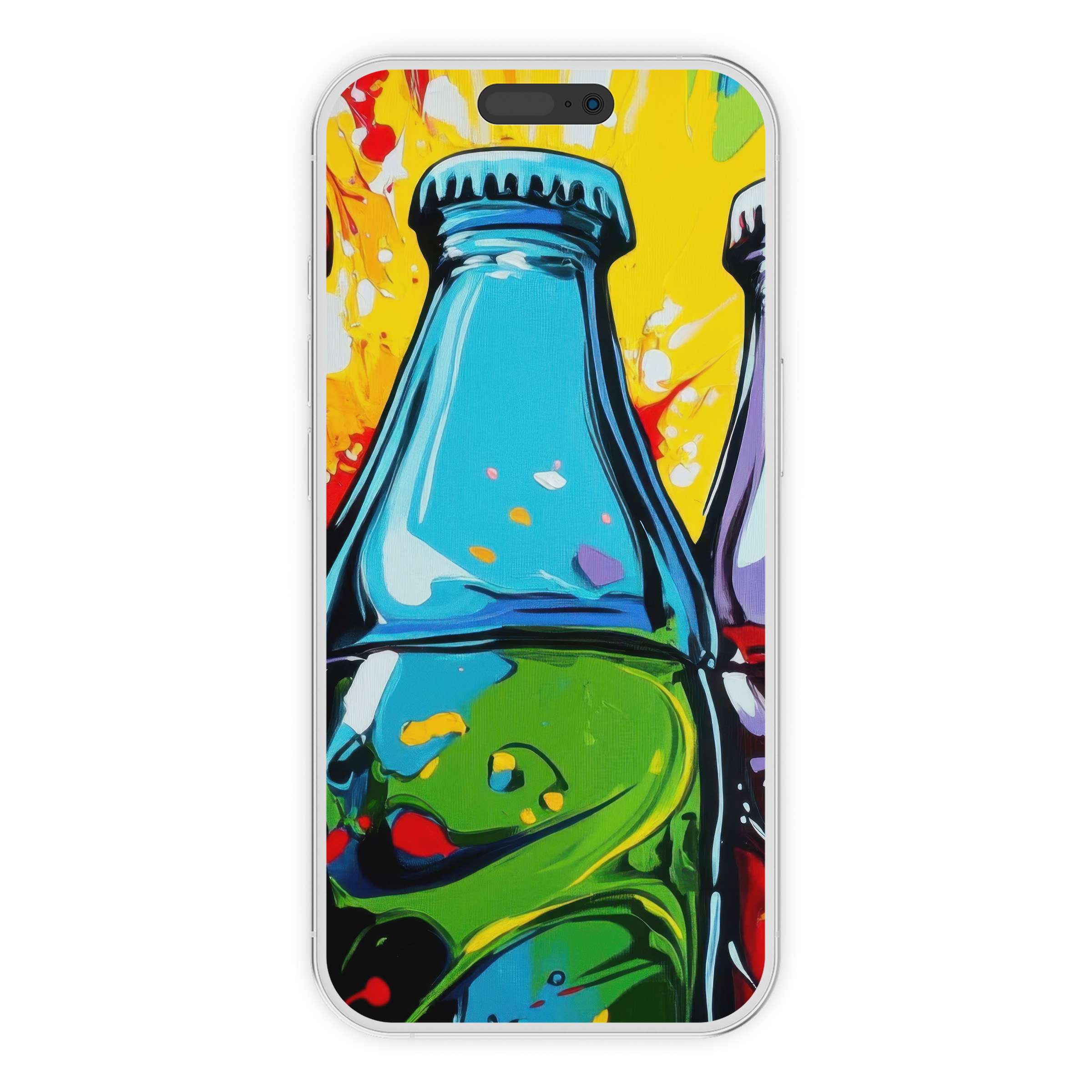 Vibrant pop art iPhone wallpaper featuring colorful bottles, offering a cheerful phone background as a digital download suitable for all devices