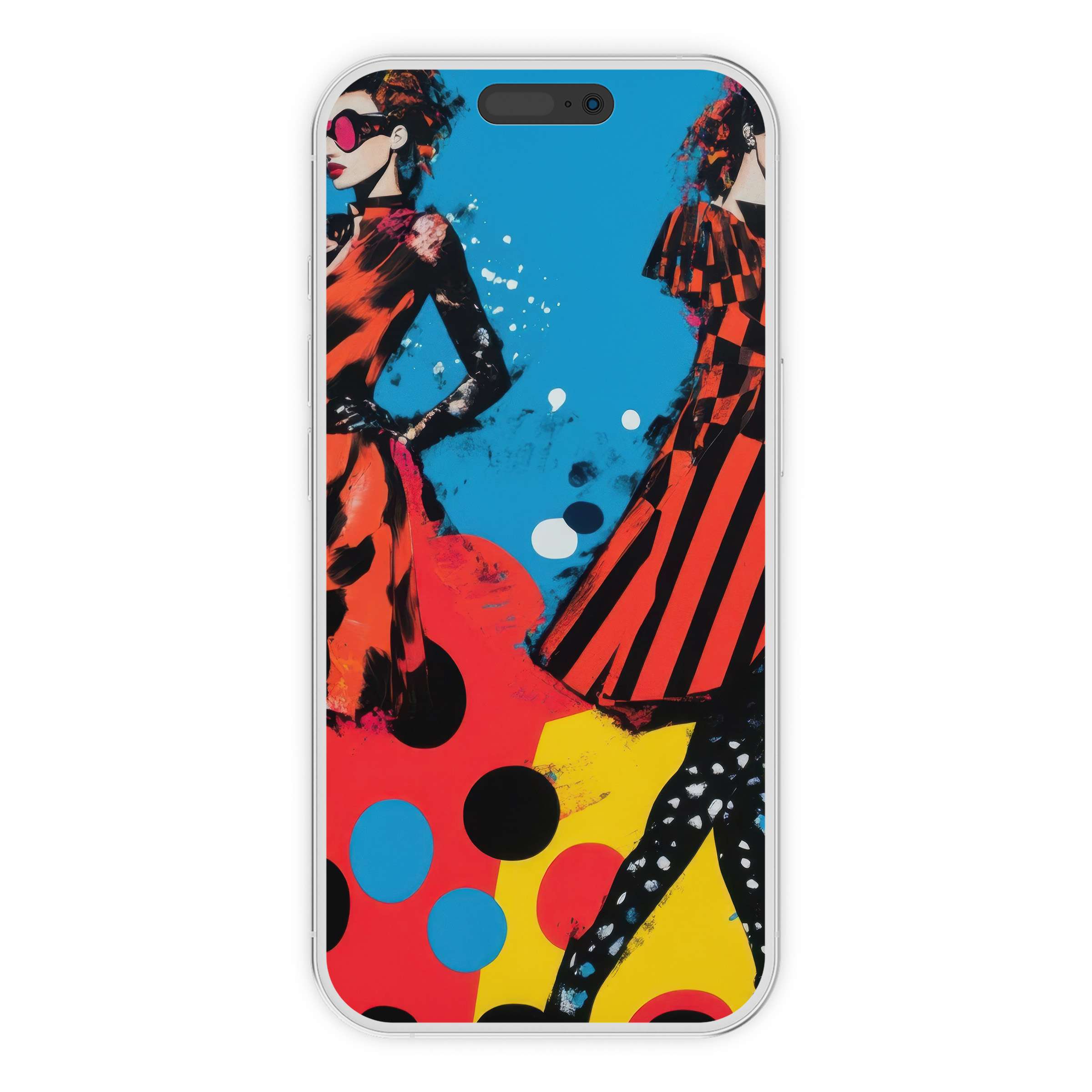 Vibrant pop art iPhone wallpaper with red, blue, and yellow hues offers a stylish digital download for phone background elegance