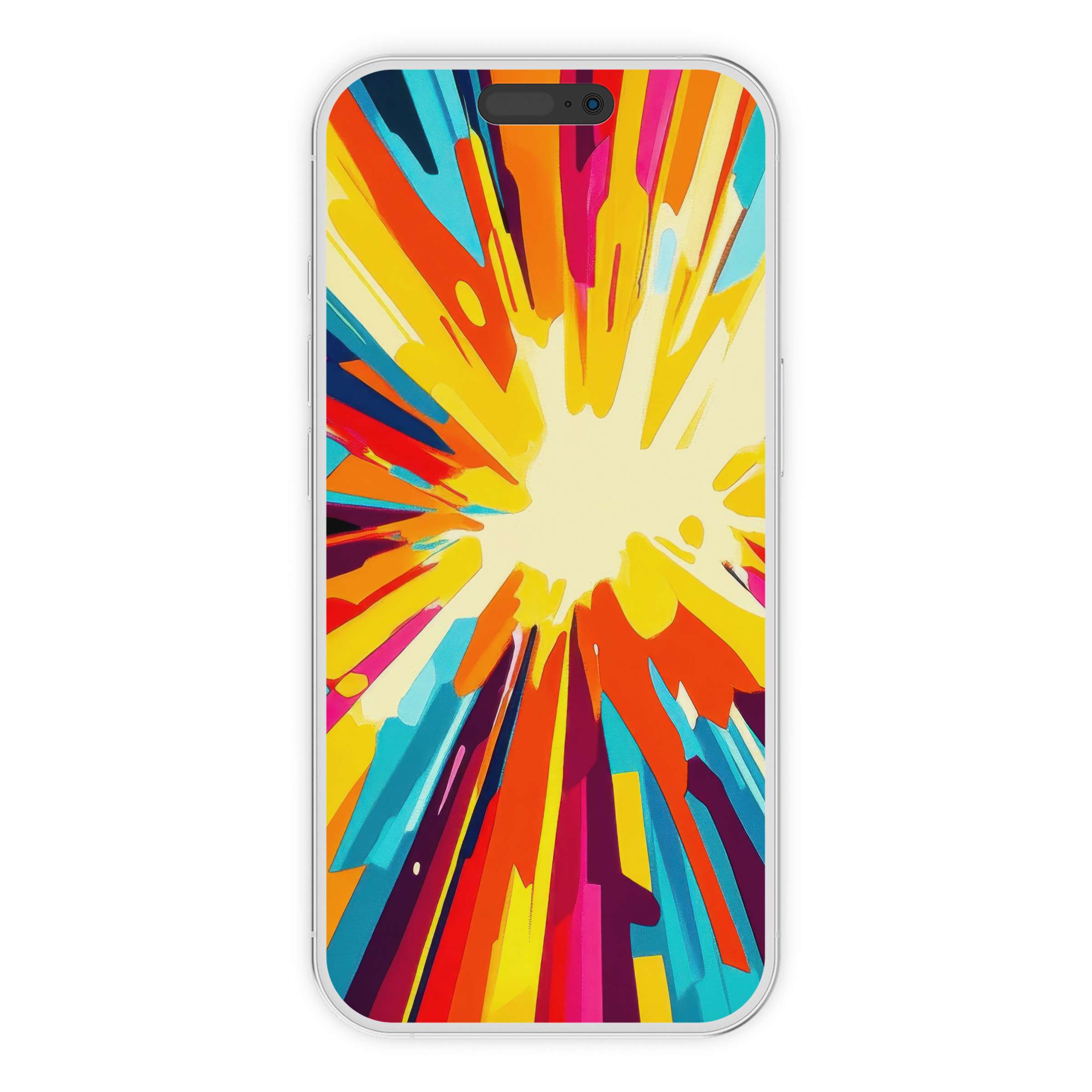 Vibrant pop art iPhone wallpaper with an explosive burst of colors, ideal for phone background, sustainable digital download options