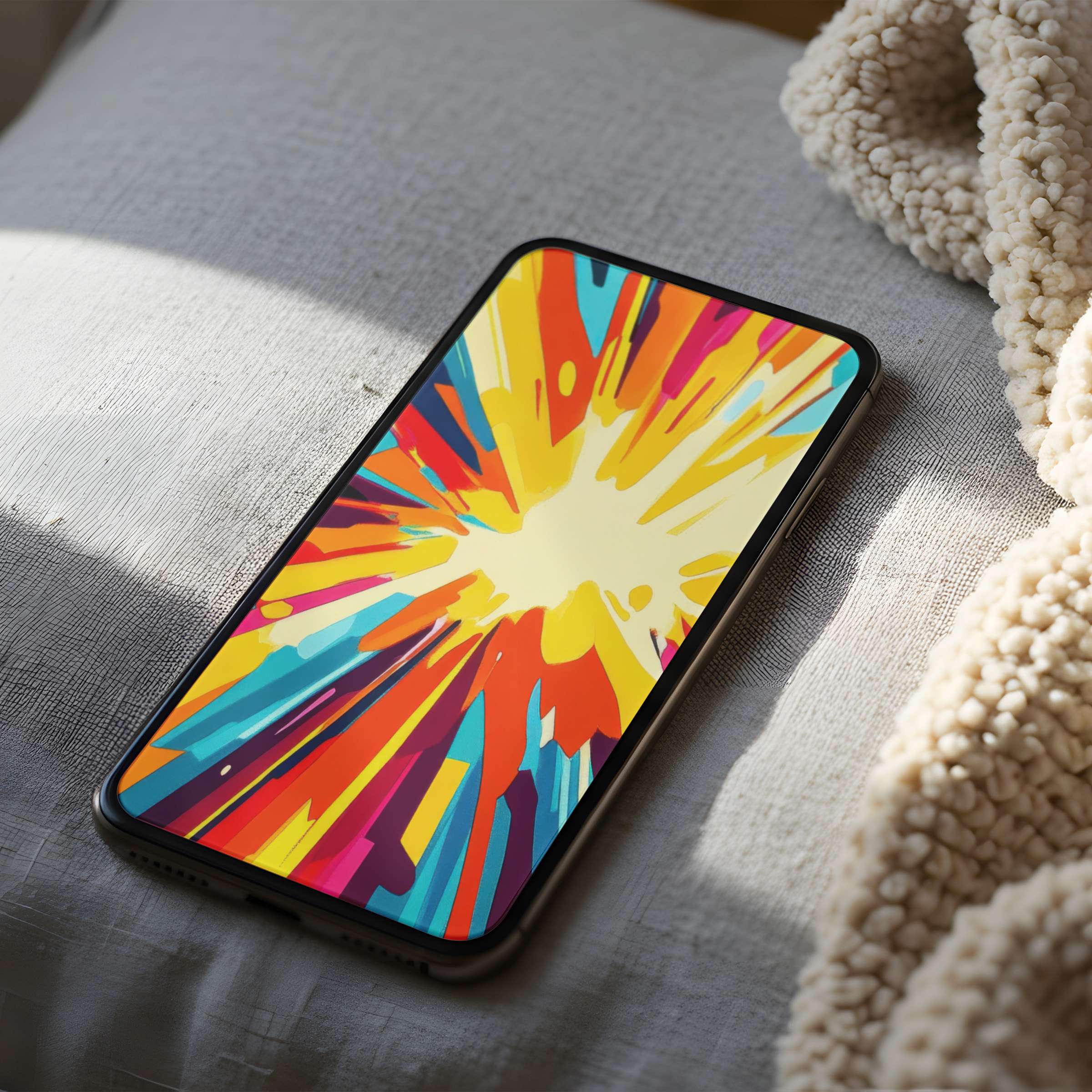 Vibrant abstract phone wallpaper with yellow, blue, and red bursts creates a lively digital art background, suitable for iPhone download