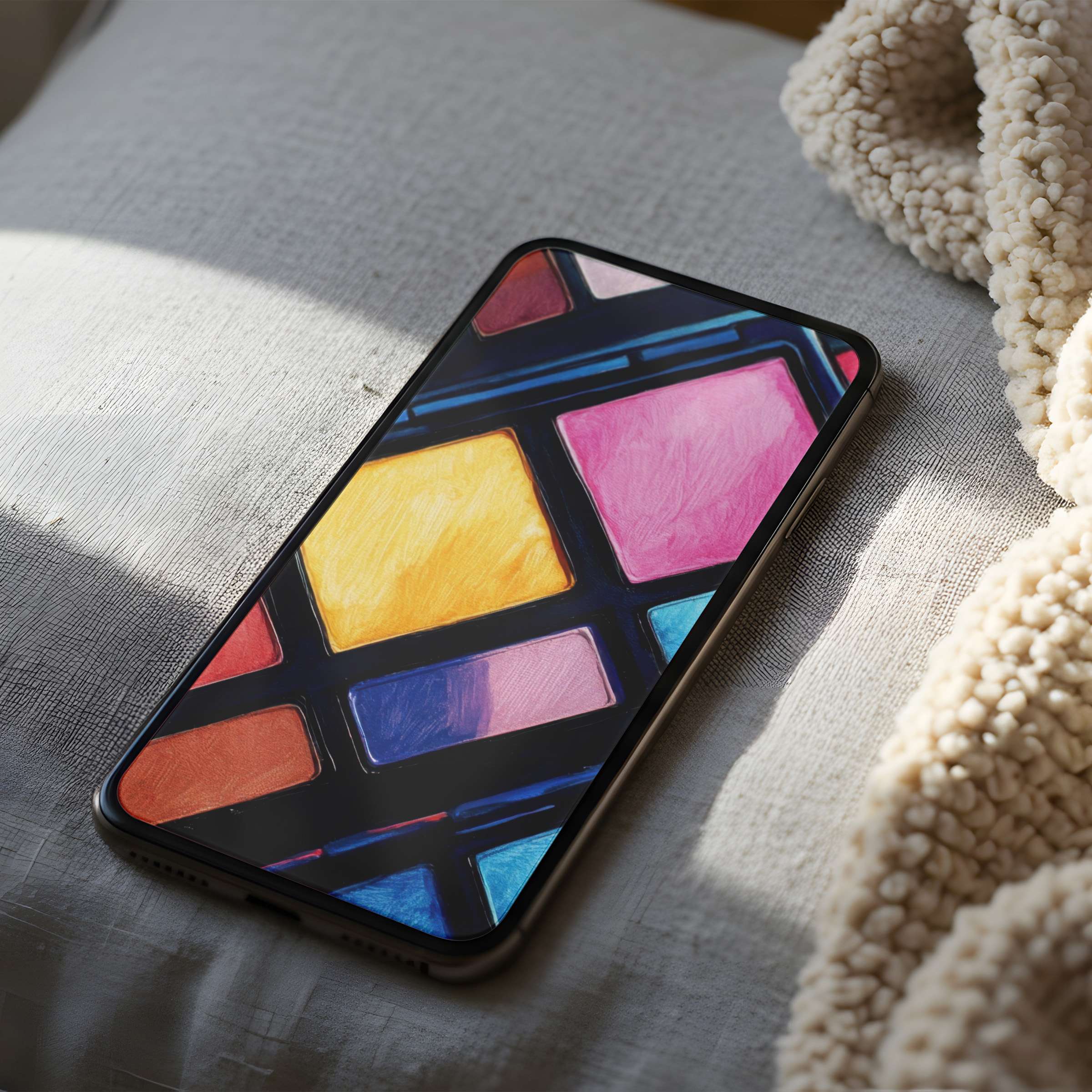 Colorful geometric phone wallpaper in high resolution adds artistic elegance, ideal for iPhone or Android digital download pleasure