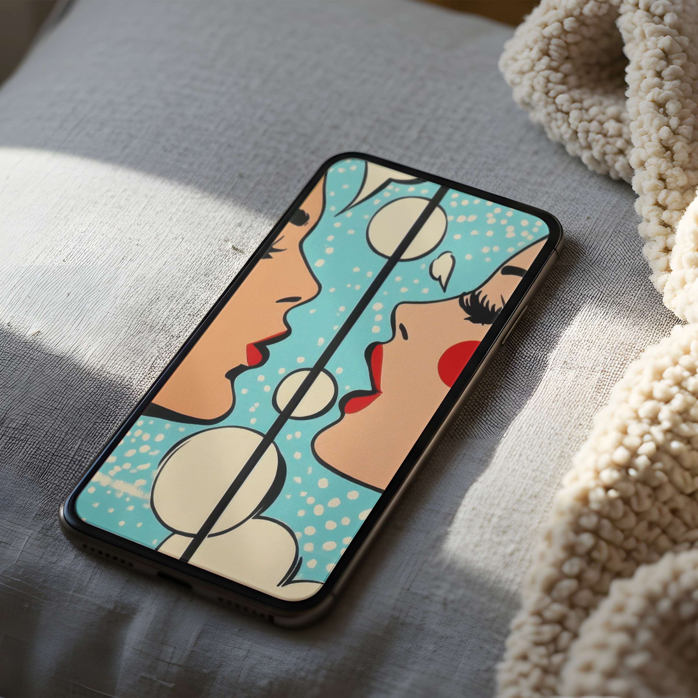 Elegant pop art-inspired phone wallpaper in high resolution, featuring vibrant colors for iPhone and Android, perfect for a serene space