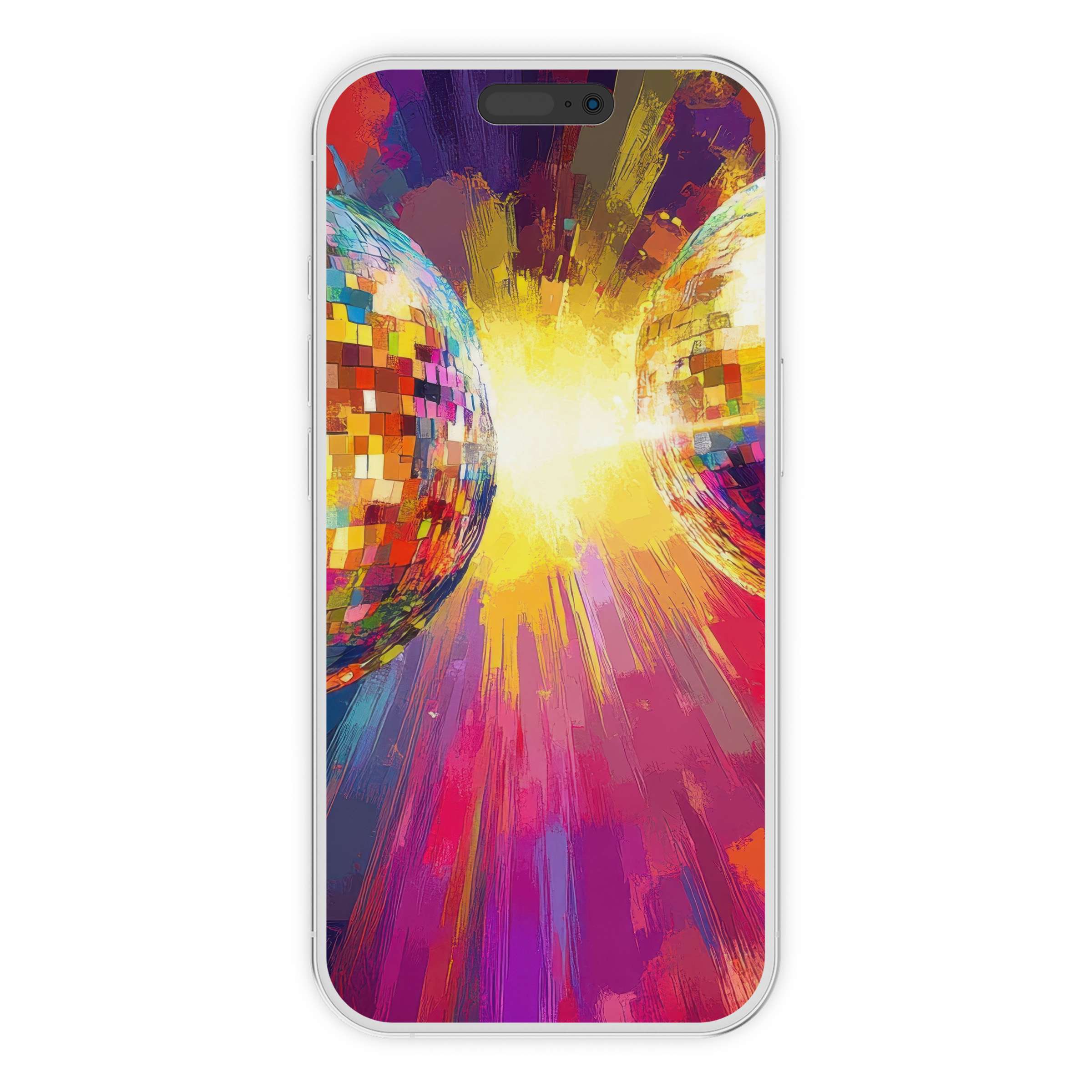 Vibrant pop art iPhone wallpaper with radiant colors and disco balls creates an inspiring phone background digital download for all devices
