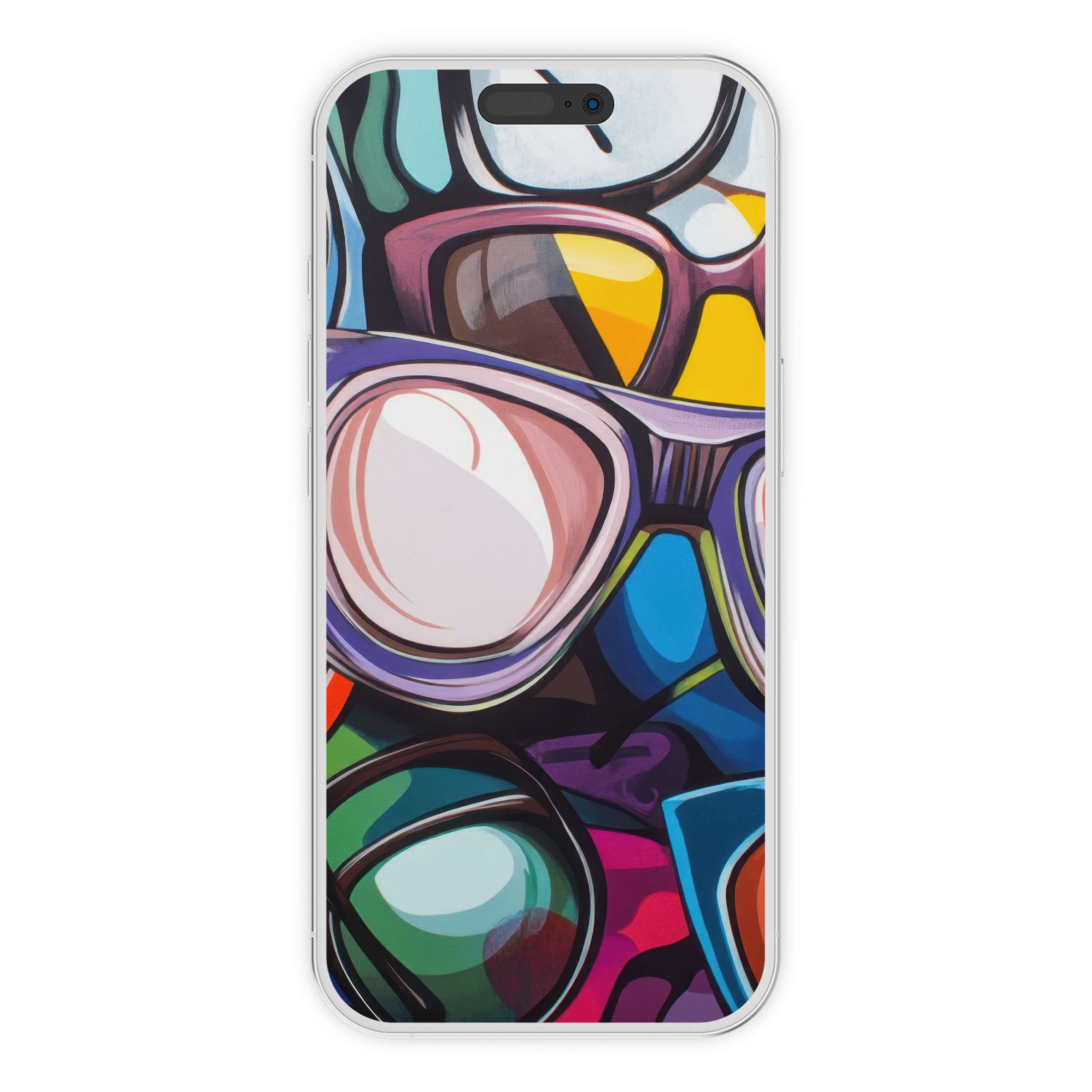 Vibrant pop art iPhone wallpaper featuring colorful glasses for a unique phone background; digital download for dynamic style and visual joy
