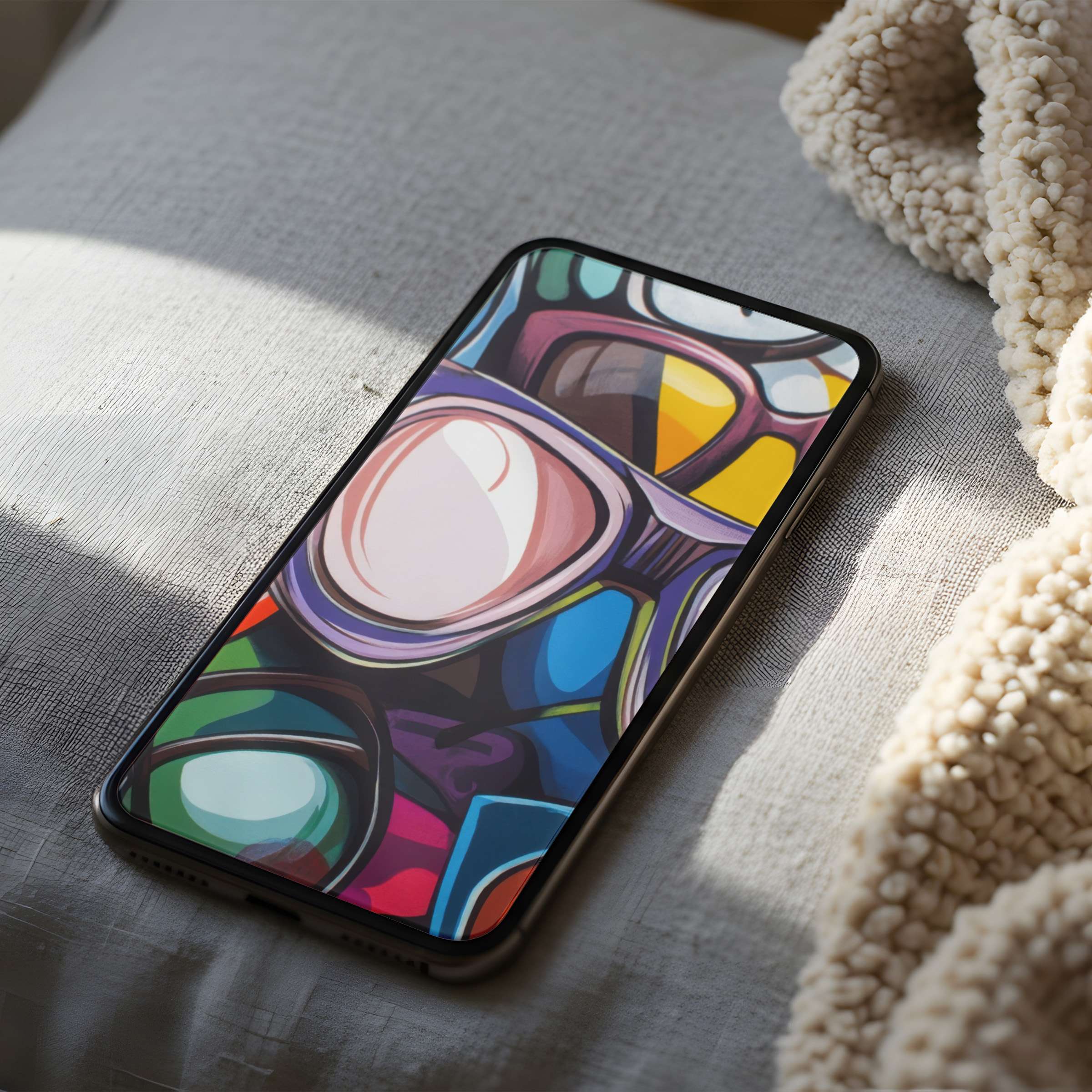 Vibrant abstract phone wallpaper with bold geometric patterns in calming hues, ideal for high-resolution iPhone and Android downloads