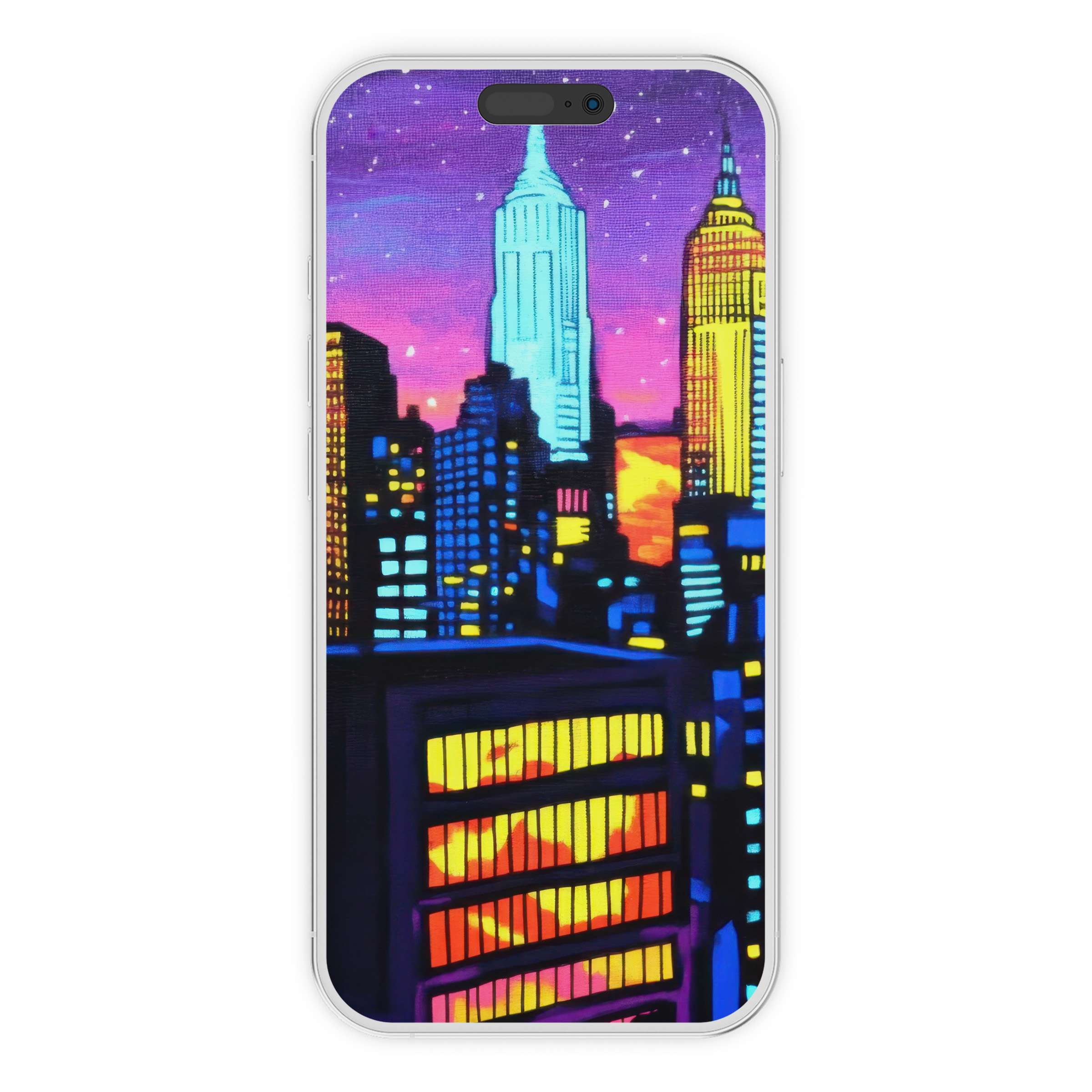 Vibrant pop art iPhone wallpaper digital download featuring a colorful cityscape background, perfect for elegant phone aesthetics