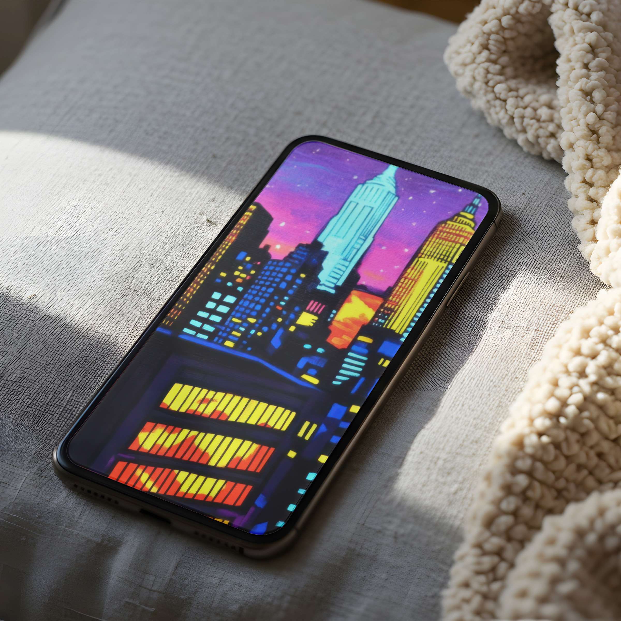 Vibrant cityscape phone wallpaper featuring a colorful skyline at sunset, perfect for a high-resolution, sustainable digital download suitable for iPhone and Android devices