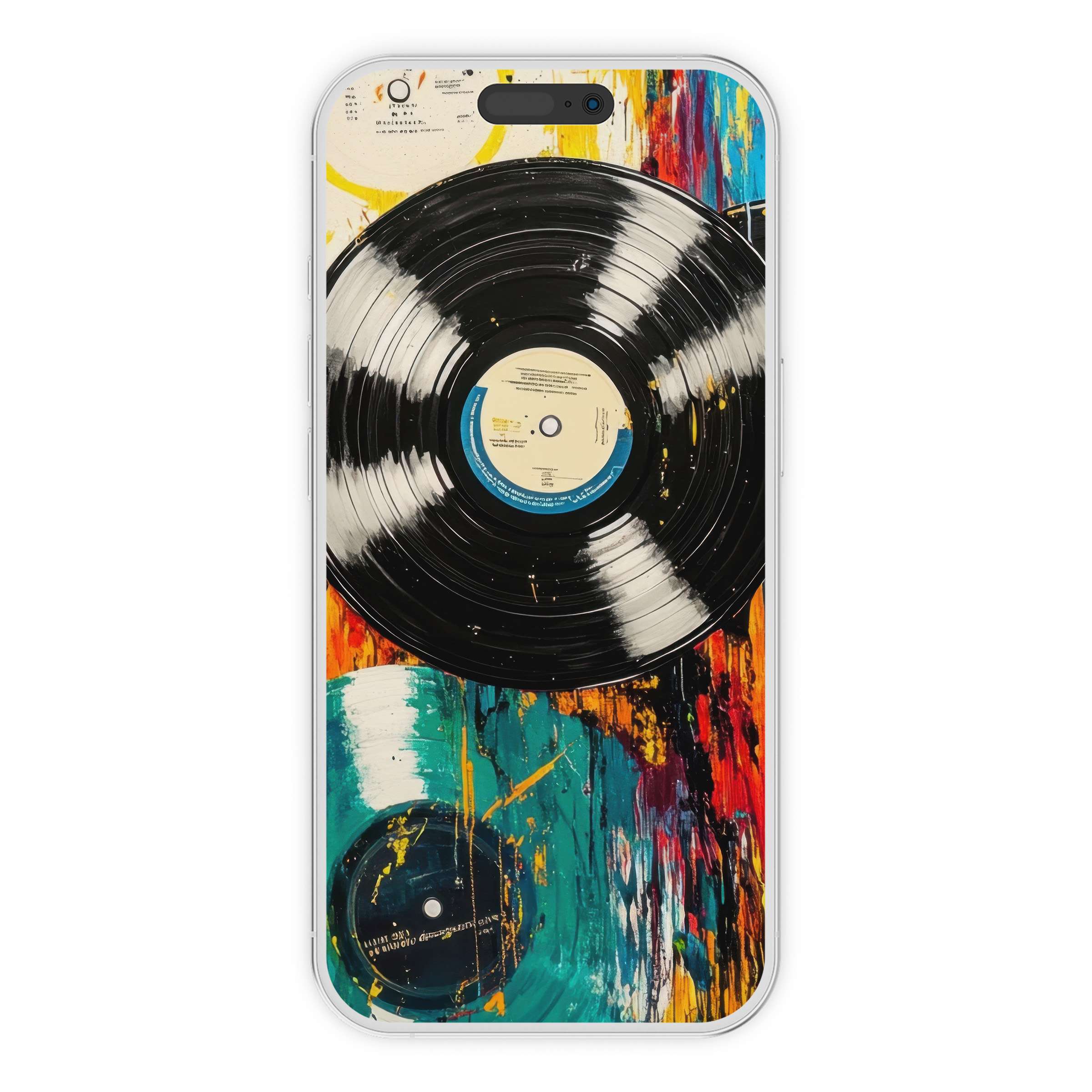 Vibrant pop art iPhone wallpaper with vinyl records on an abstract painted background, a digital download for stylish phone customization