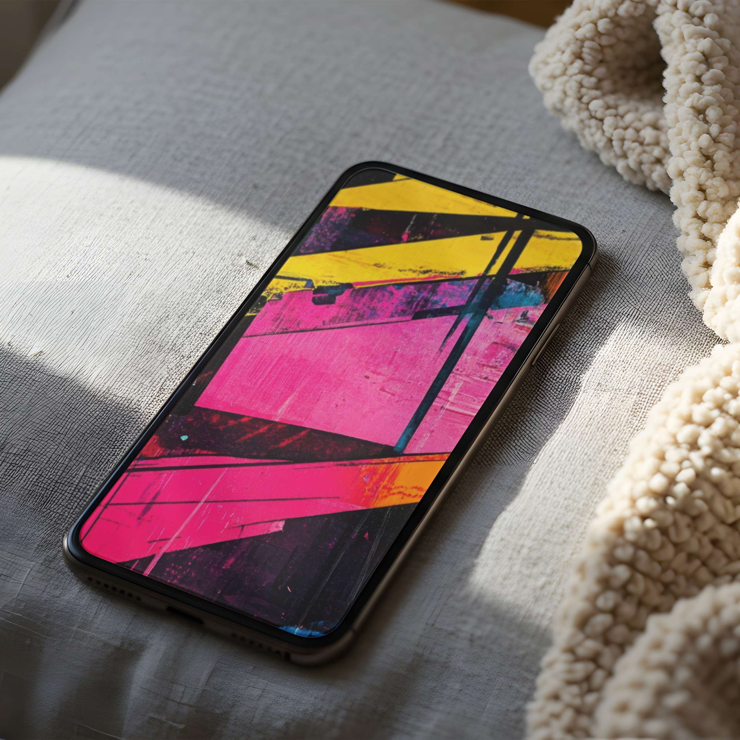 Vibrant abstract phone wallpaper featuring pink and yellow geometric shapes offers a high-resolution digital download for iPhone and Android users