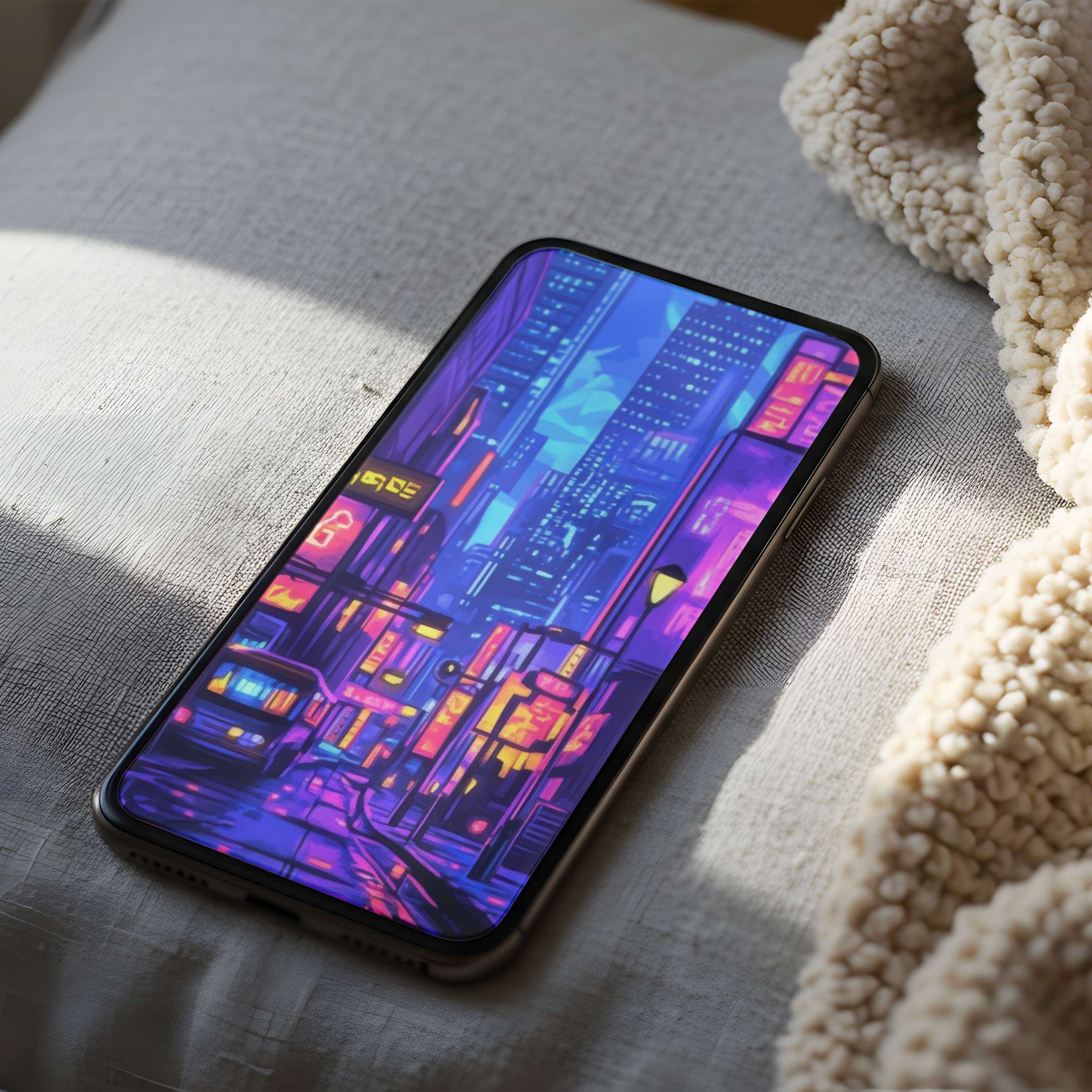 Vibrant phone wallpaper featuring neon cityscape art in high resolution resting on a textured fabric surface, perfect for any device