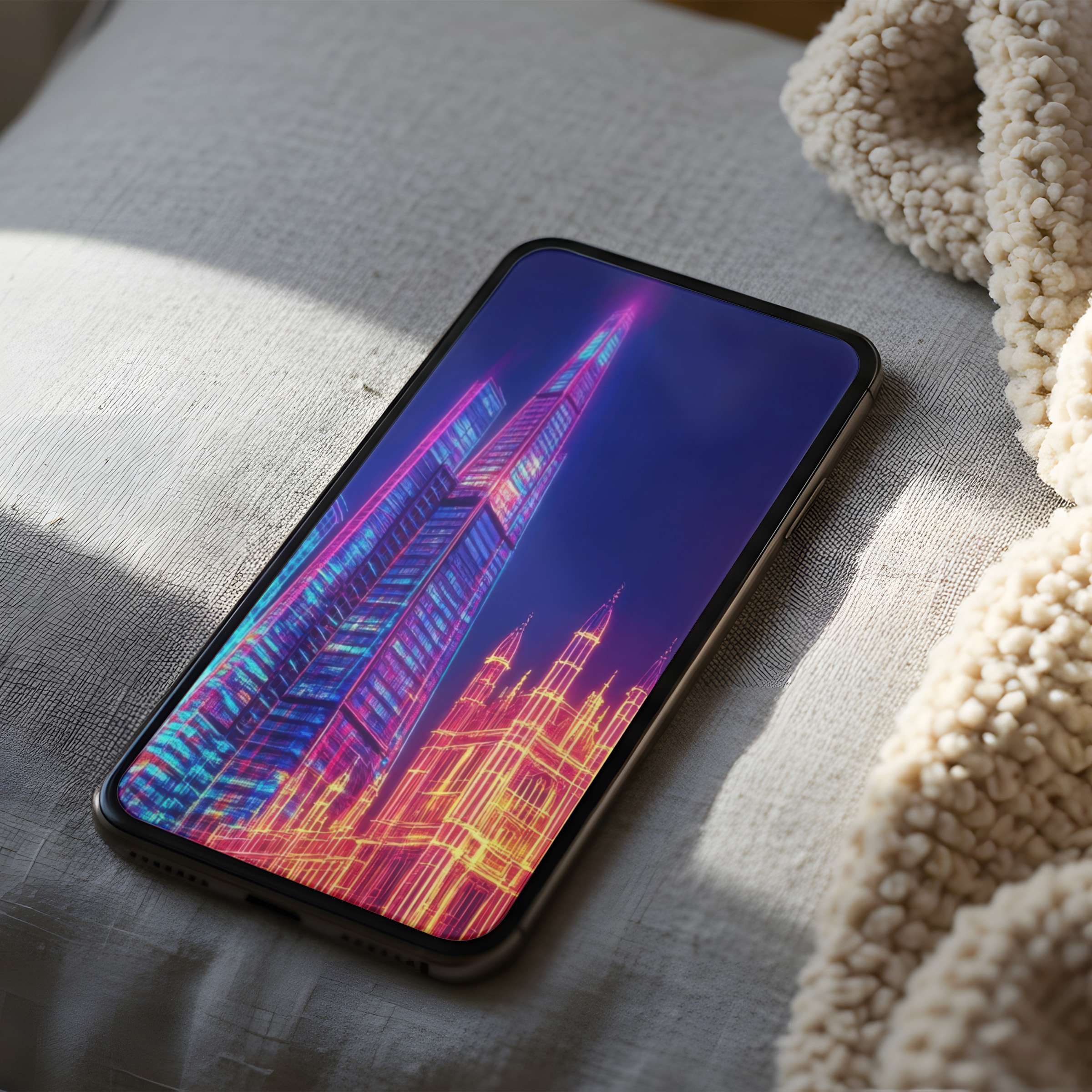 Vibrant neon cityscape phone wallpaper, perfect for iPhone and Android, offers a high resolution, calming digital download experience