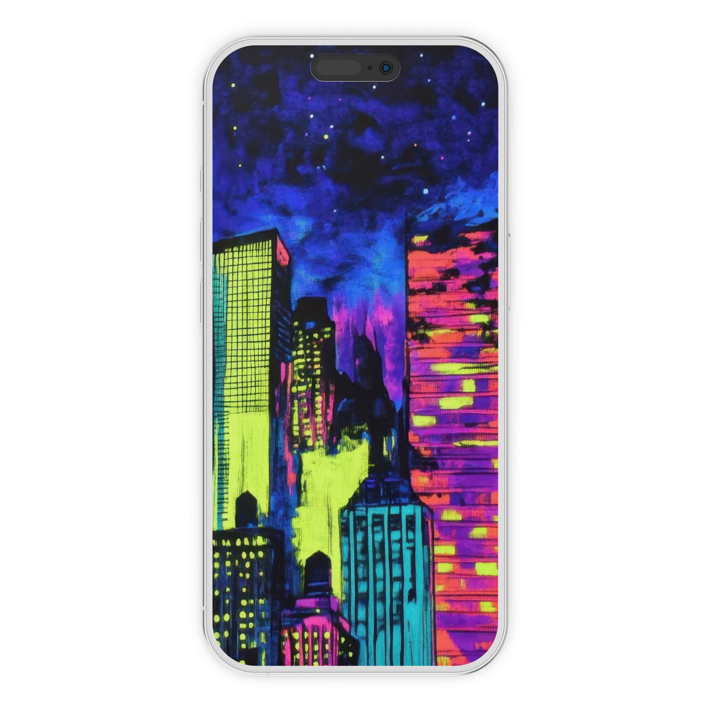 Vibrant pop art iPhone wallpaper features neon cityscape, perfect digital download for an inspiring phone background on any device