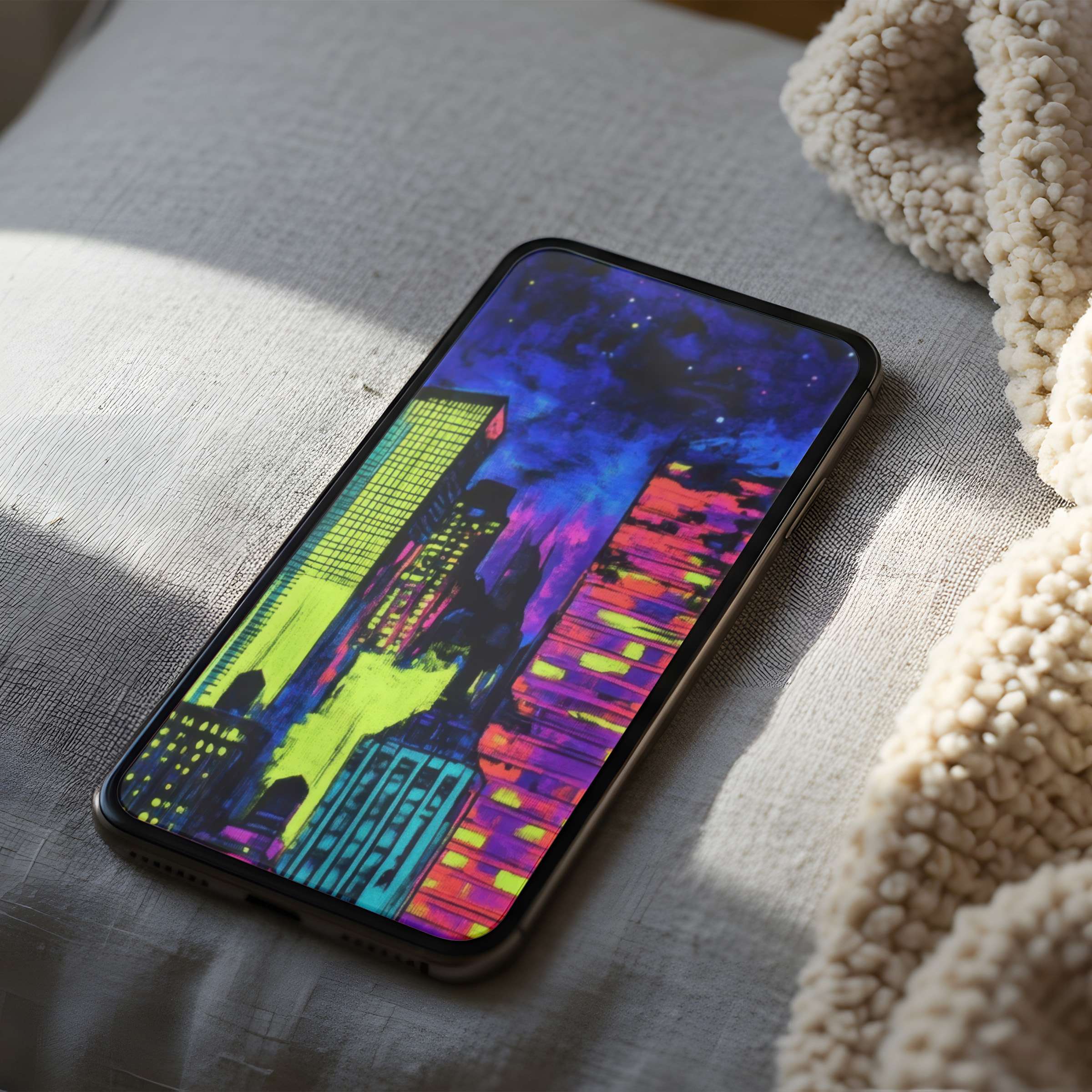 Vibrant cityscape phone wallpaper with neon colors on an iPhone resting on a cozy blanket offers a calming digital download option