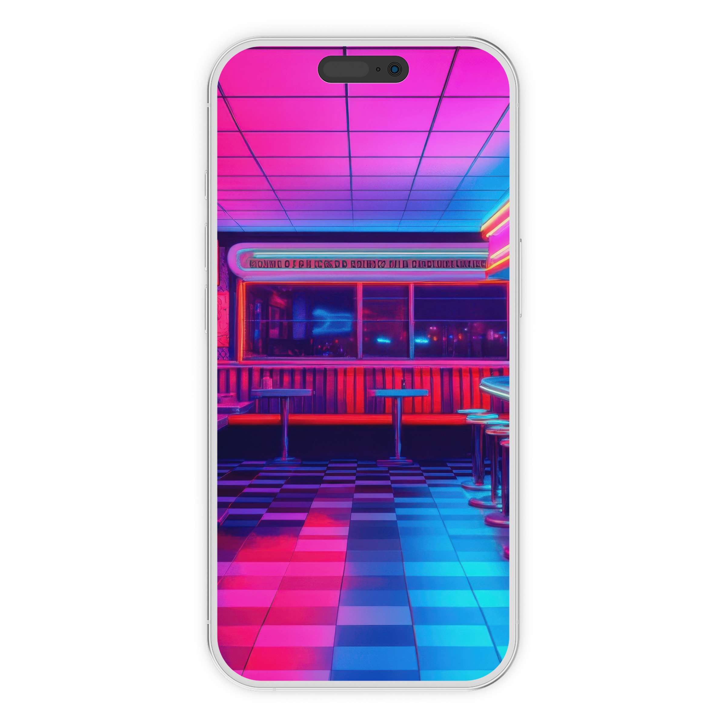 Vibrant pop art iPhone wallpaper with neon diner setting for phone background, perfect digital download for soothing ambiance