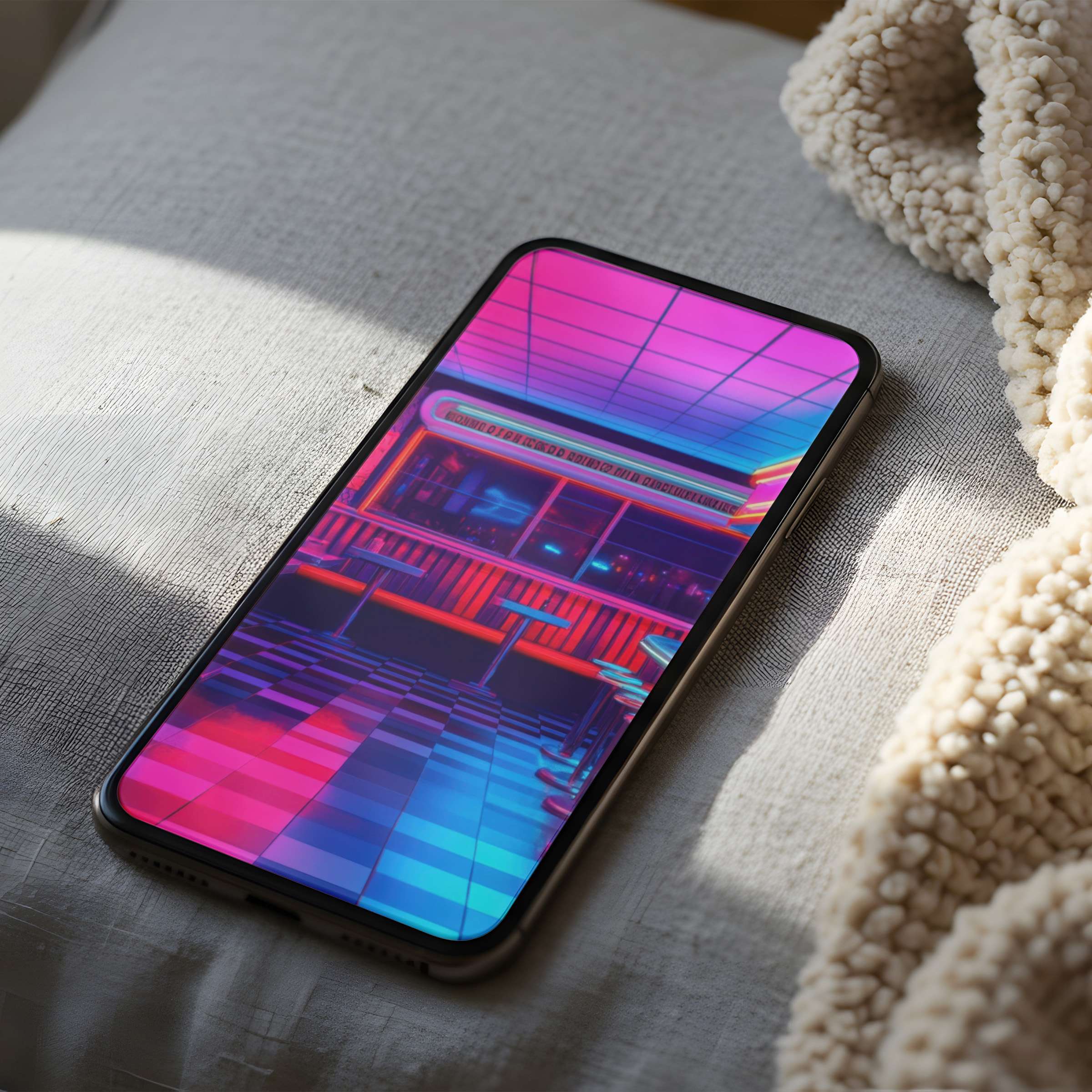 Vibrant retro diner phone wallpaper with neon pink and blue hues exuding calm elegance suitable for iPhone and android download