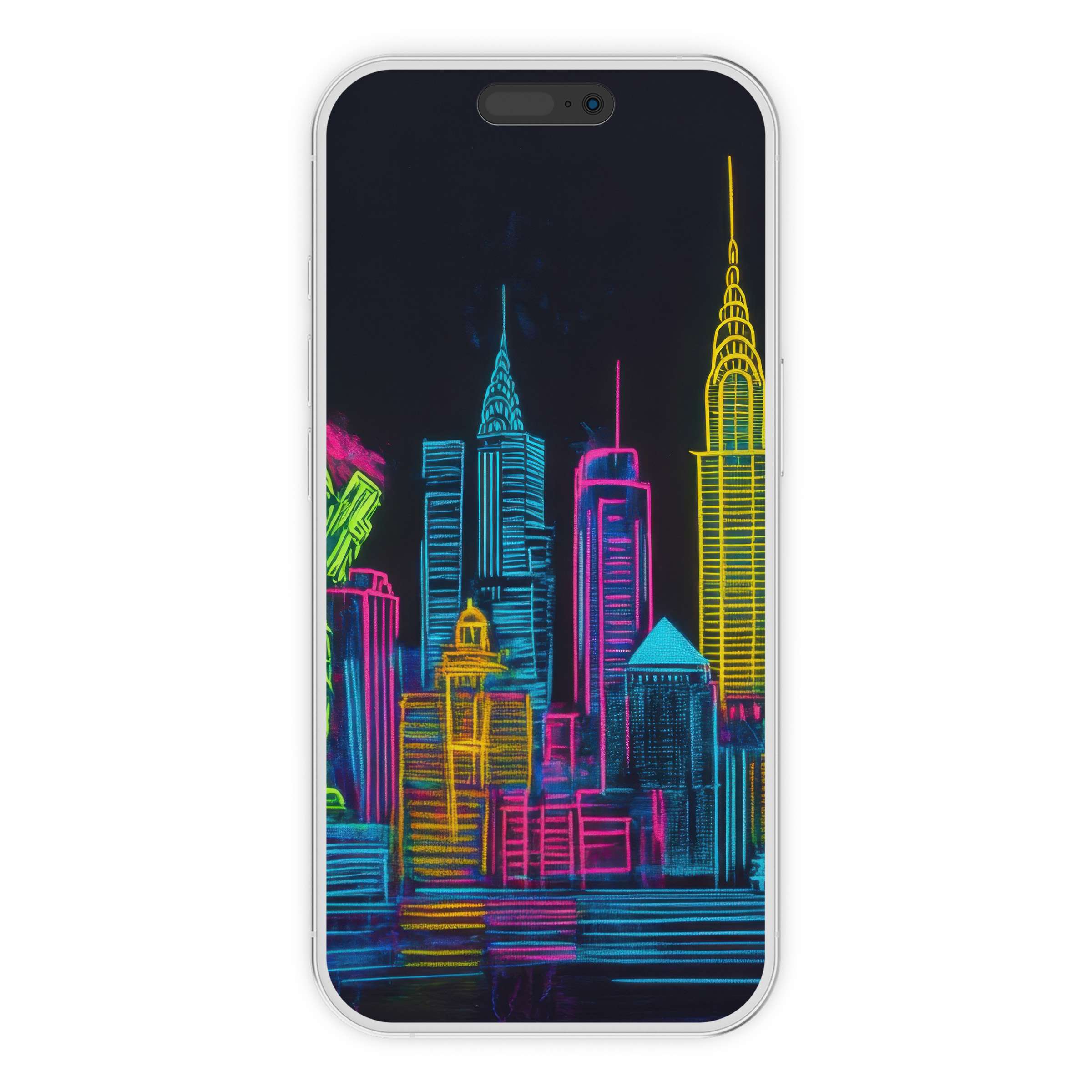Vibrant pop art iPhone wallpaper featuring neon cityscape design, perfect phone background for stylish digital download and personalization