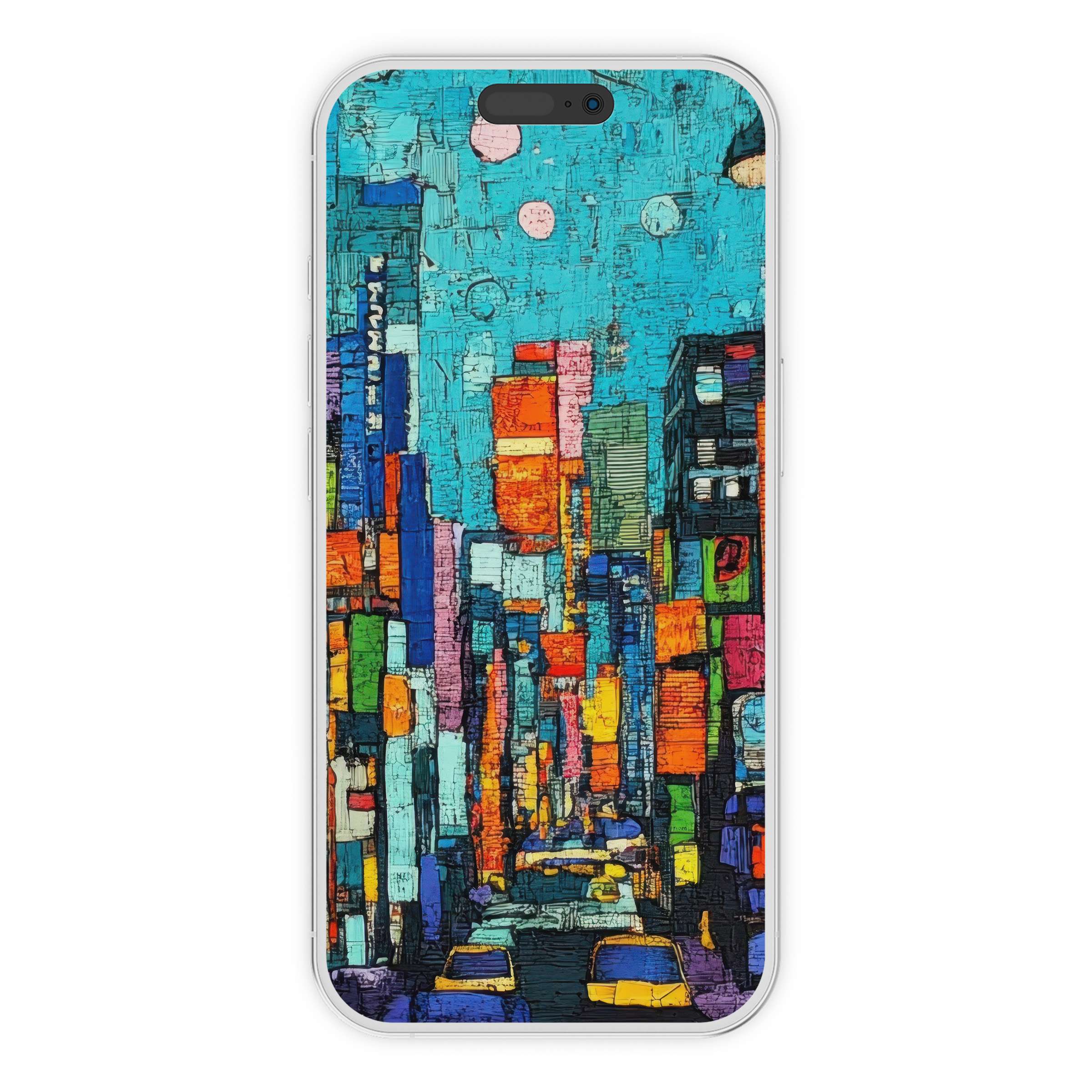 Vibrant pop art iPhone wallpaper captures a colorful cityscape, ideal as a digital download phone background for sleek design lovers