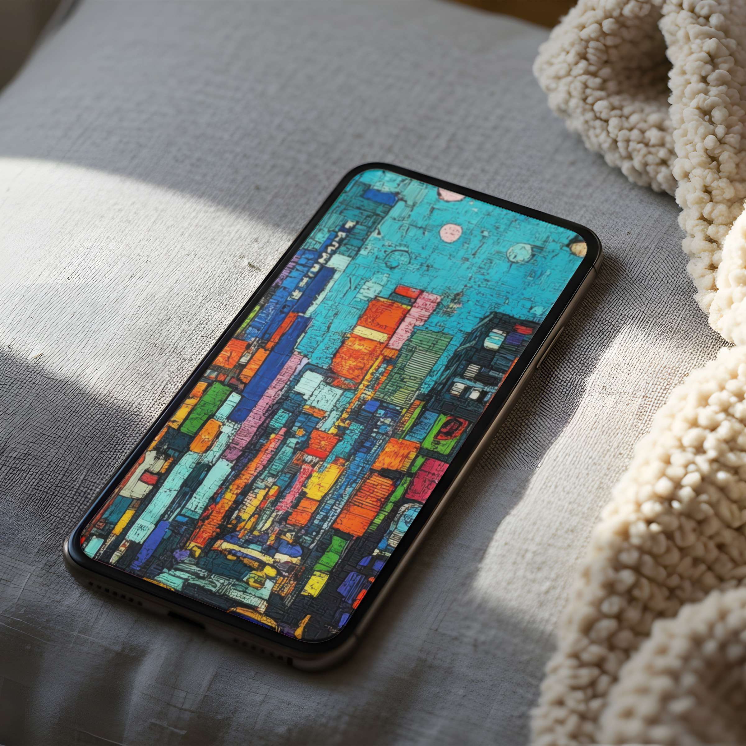 Colorful abstract cityscape phone wallpaper on a cozy cushion casts vibrant hues, perfect for high resolution iPhone and android download